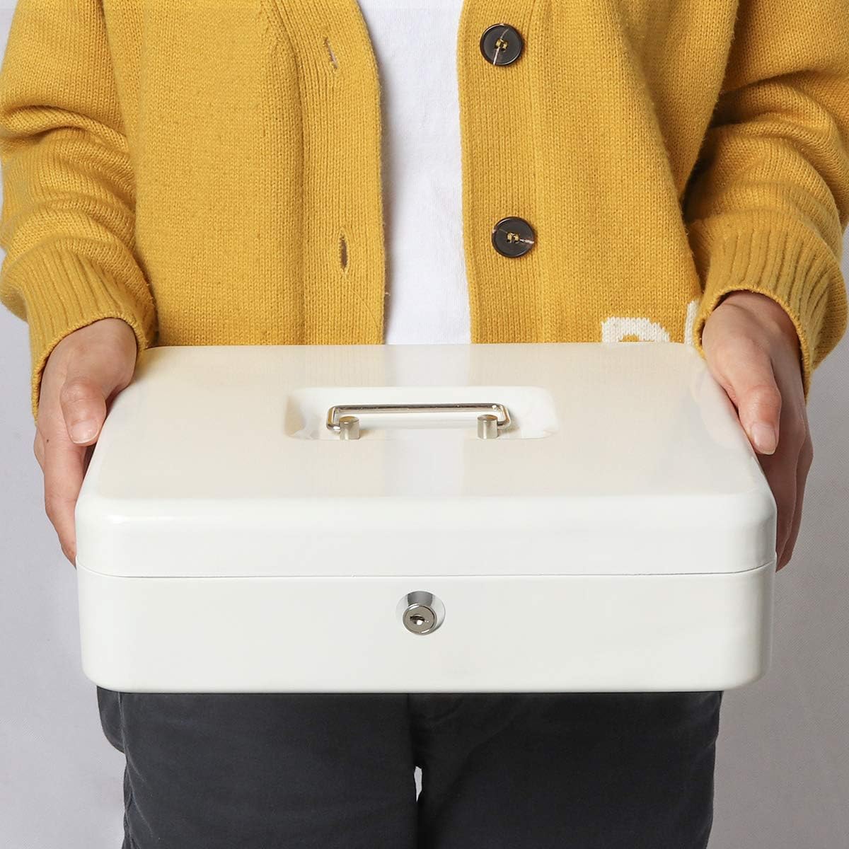 Jssmst Locking Large Metal Cash Box with Money Tray, Money Box with Key Lock, White, SM-CB0504L