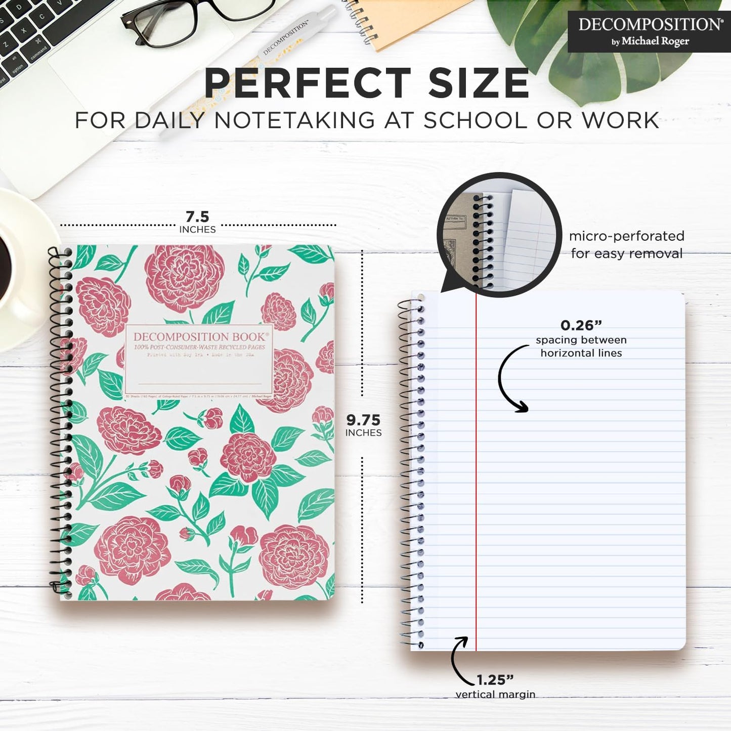 Decomposition Camellias College Ruled Spiral Notebooks – 9.75 x 7.5 Journal with 160 Lined Pages – Cute Notebooks for School Supplies, Home & Office – 100% Recycled Paper – Made in USA