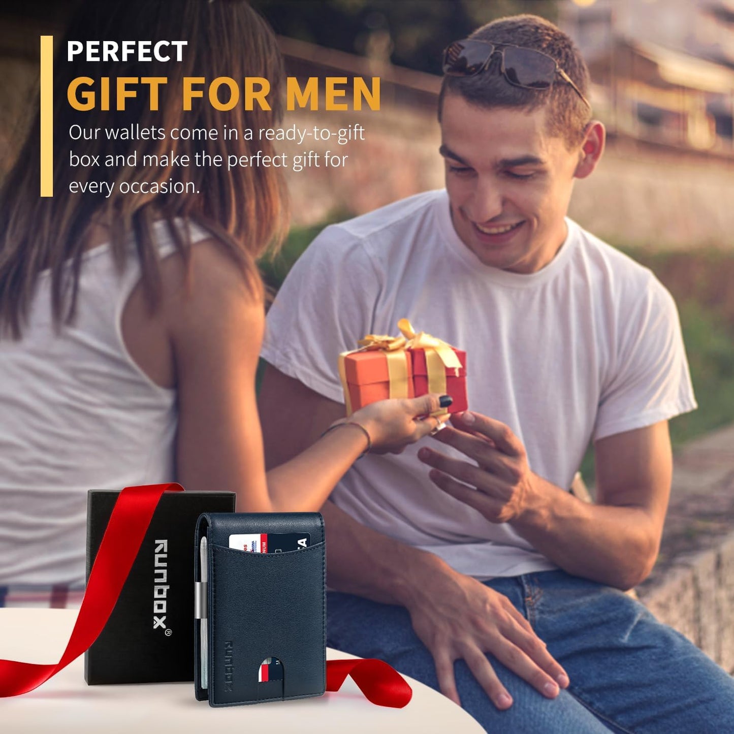 RUNBOX Money Clip Slim Wallets for Men RFID Blocking 11 Card Holder Minimalist Small Leather Bifold Men's Front Pocket Wallet Gift Box