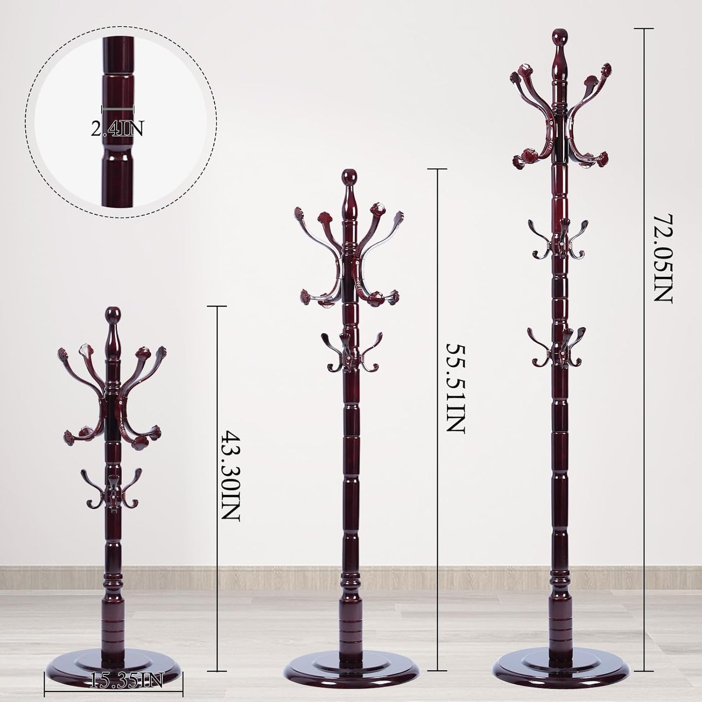 Coat Rack Stand, Solid Wooden Coat Tree with 14 Hooks, Heavy Duty Coat Rack Freestanding with Sturdy Round Base, Natural Birch Wood Coat Hanger Stand for Entryway Bedroom (Ruyi)