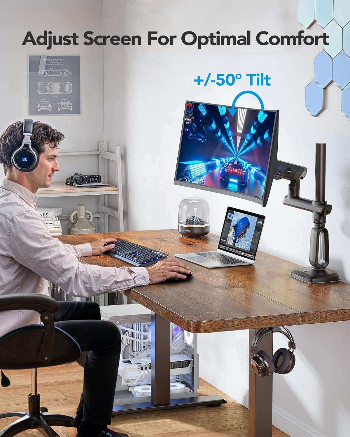 HUANUO Heavy Duty Monitor Arm for Ultrawide Screens up to 49", Holds 40 lbs, Aluminum Ultrawide Single Monitor Stand with 29.1" Max Height, Fully Adjustable Desk Mount, Max VESA 100x100mm