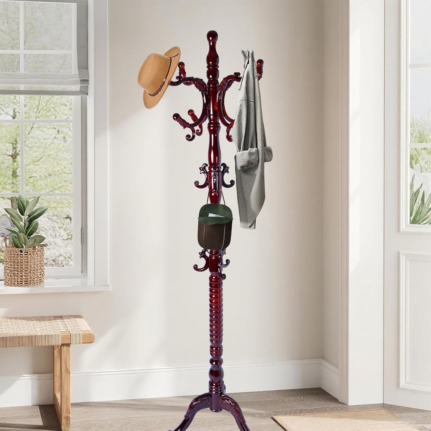 Wooden Coat Rack Freestanding with Resin Hooks, Adjustable Heavy Duty Stand for Hanging Coats, Bags, Hats, and Umbrellas in Living Room, Bedroom, Entryway (Tripod-Rosewood color)