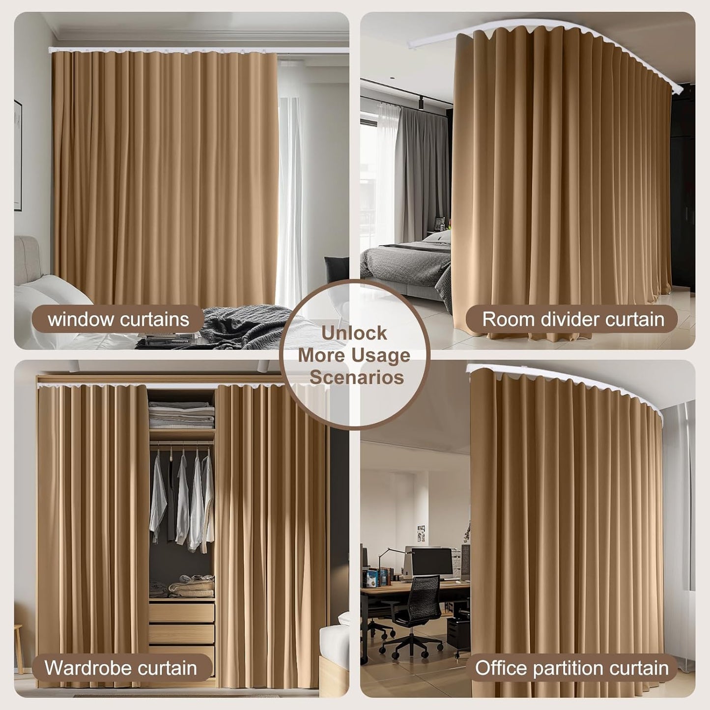Room Divider Curtains & Flexible Bendable Tracks Set,Privacy Dividers Ceiling Track Curtain Window Blackout Curtains for Living Room Bedroom (W180 × H108 In 1 Panel Khaki Drape & White Rail)