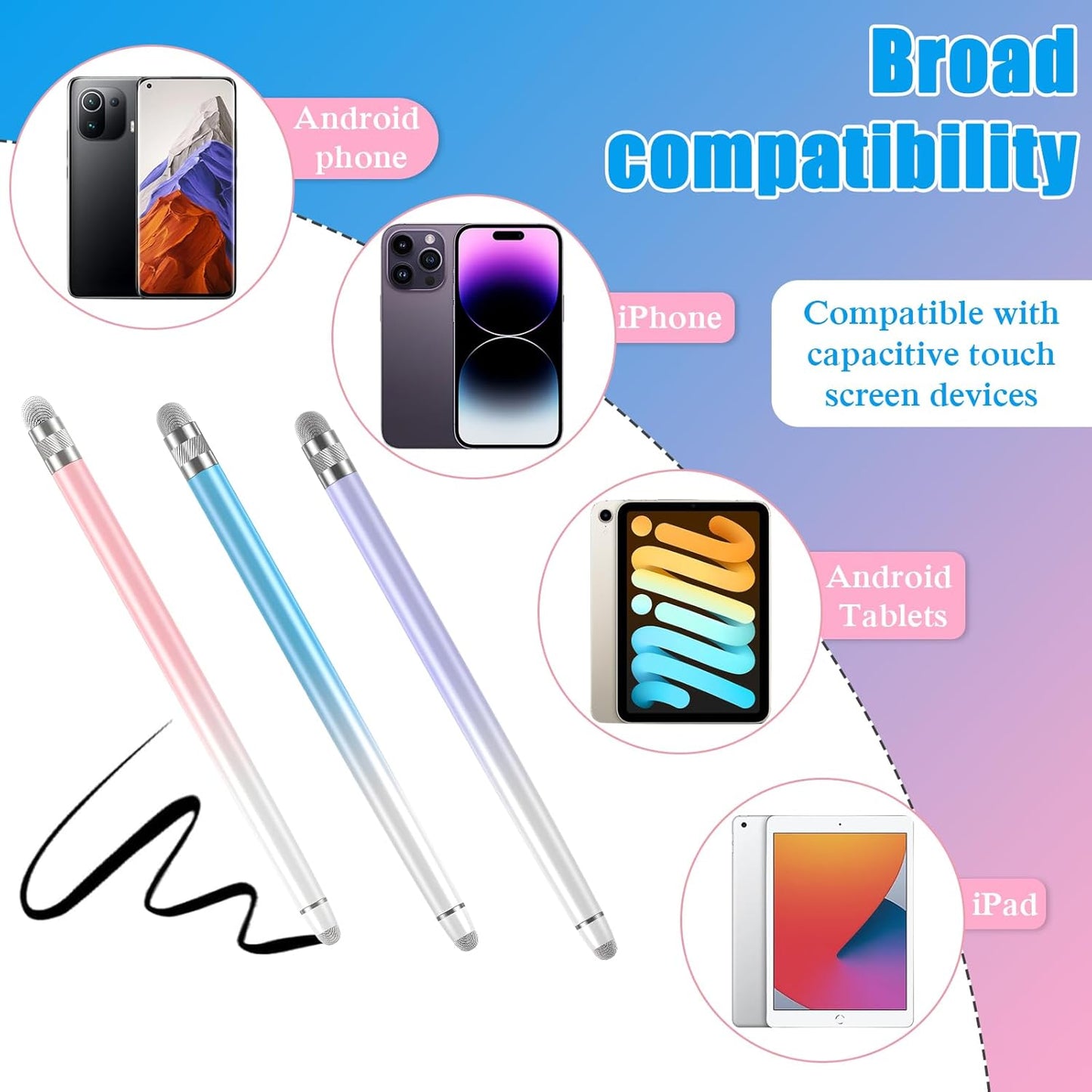 3PCS Stylus Pens for Touch Screens,Stylus Pen for iPhone/iPad/Tablet Android/Microsoft/Surface,Compatible with Touch Screens(Purple/Pink/Blue)