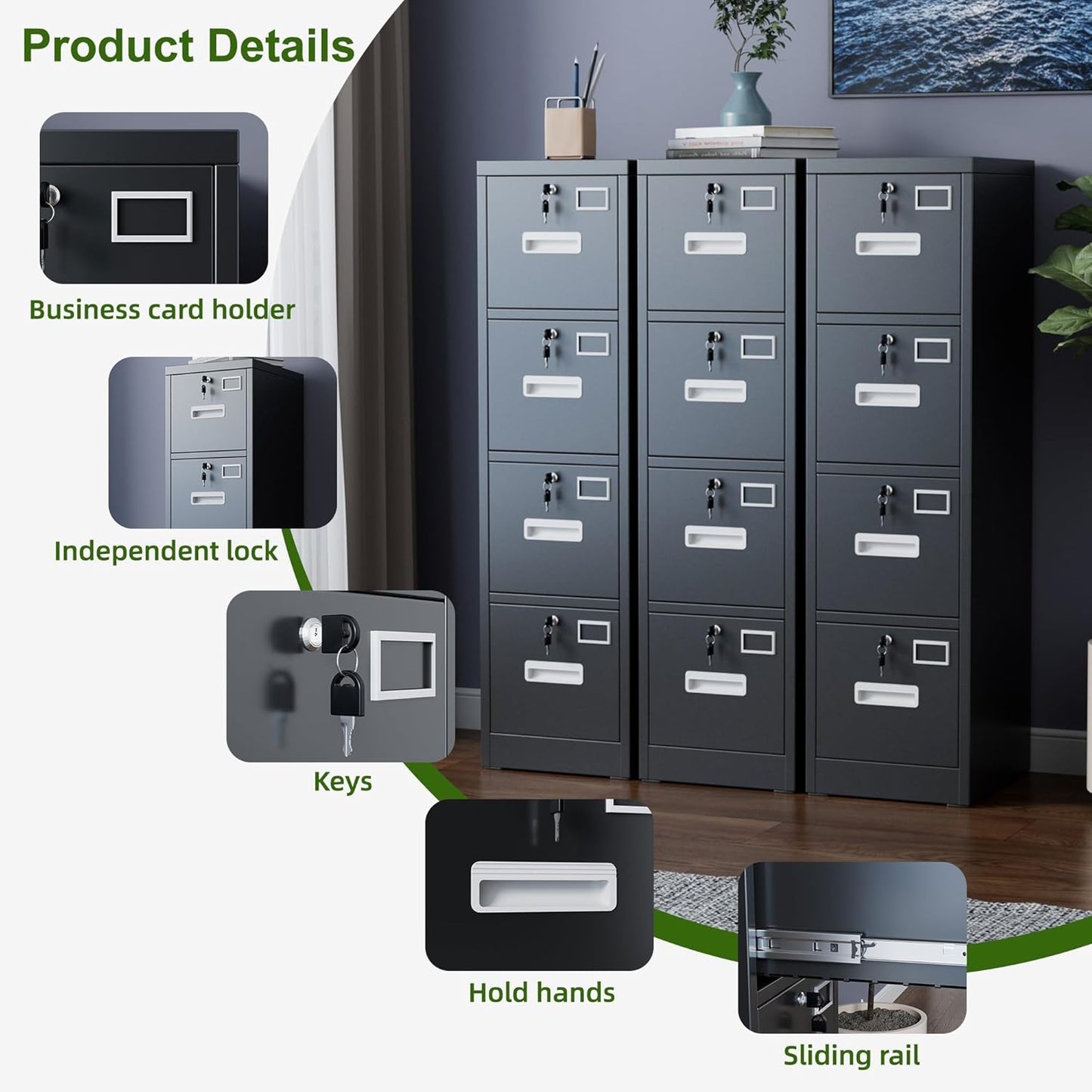 Aobabo 4 Drawer File Cabinet, Metal Filing Cabinet with Lock, Suitable for Home Office School Hanging Files Letter/Legal/A4 Size,Black,Required-Assembly,17.72" D x 14.96" W x 55.2" H