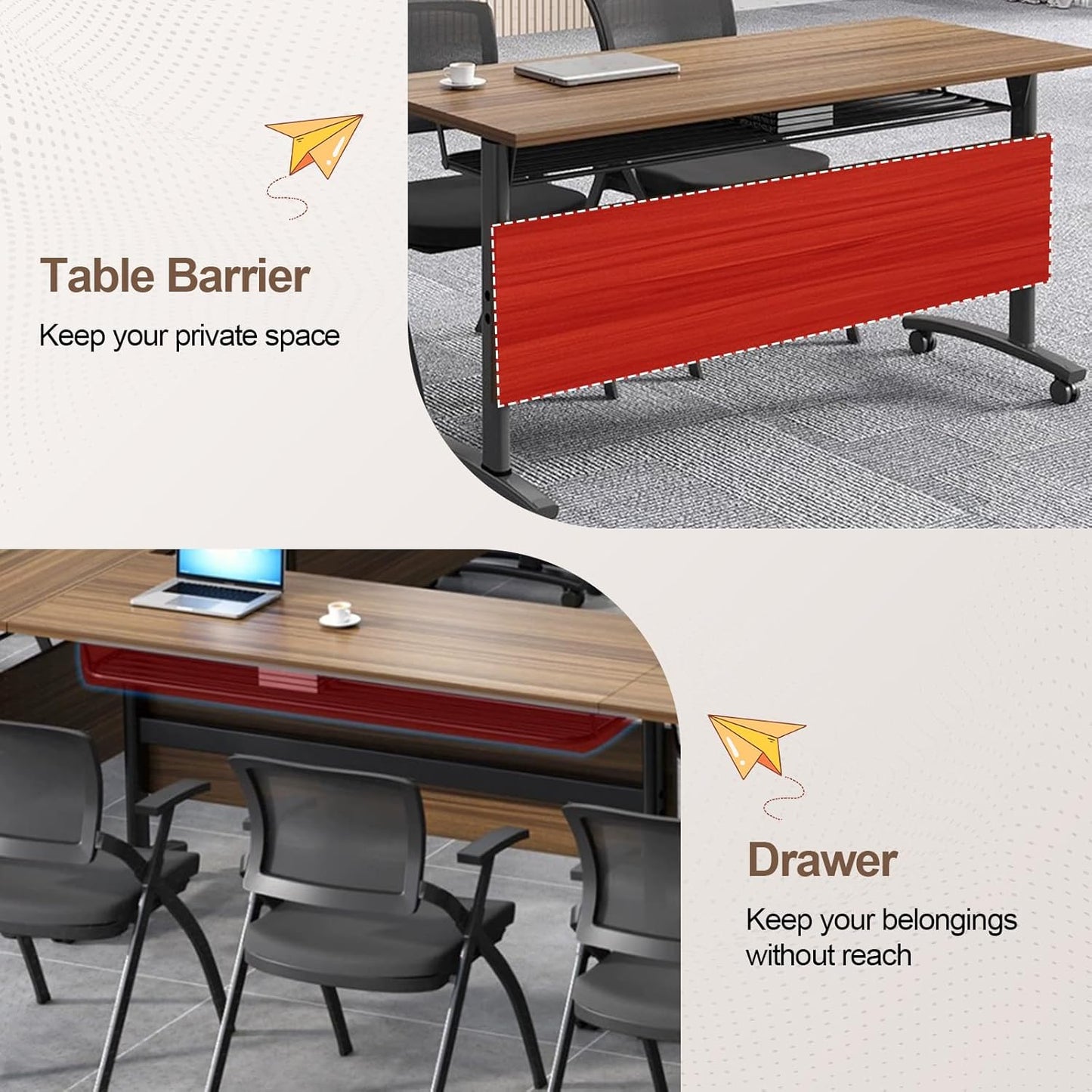 Folding Conference Room Table, Modern Conference Tables with Wheels, Large Rectangular Mobile Training Tables for Office Classroom, Foldable Modular Boardroom Seminar Table Walnut (6pack L63in)