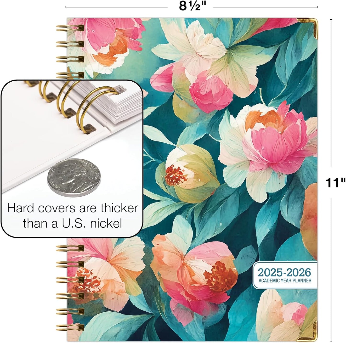 HARDCOVER Academic Year 2025-2026 Planner: (June 2025 Through July 2026) 8.5"x11" Daily Weekly Monthly Planner Yearly Agenda. Bookmark, Pocket Folder and Sticky Note Set (Teal Floral)
