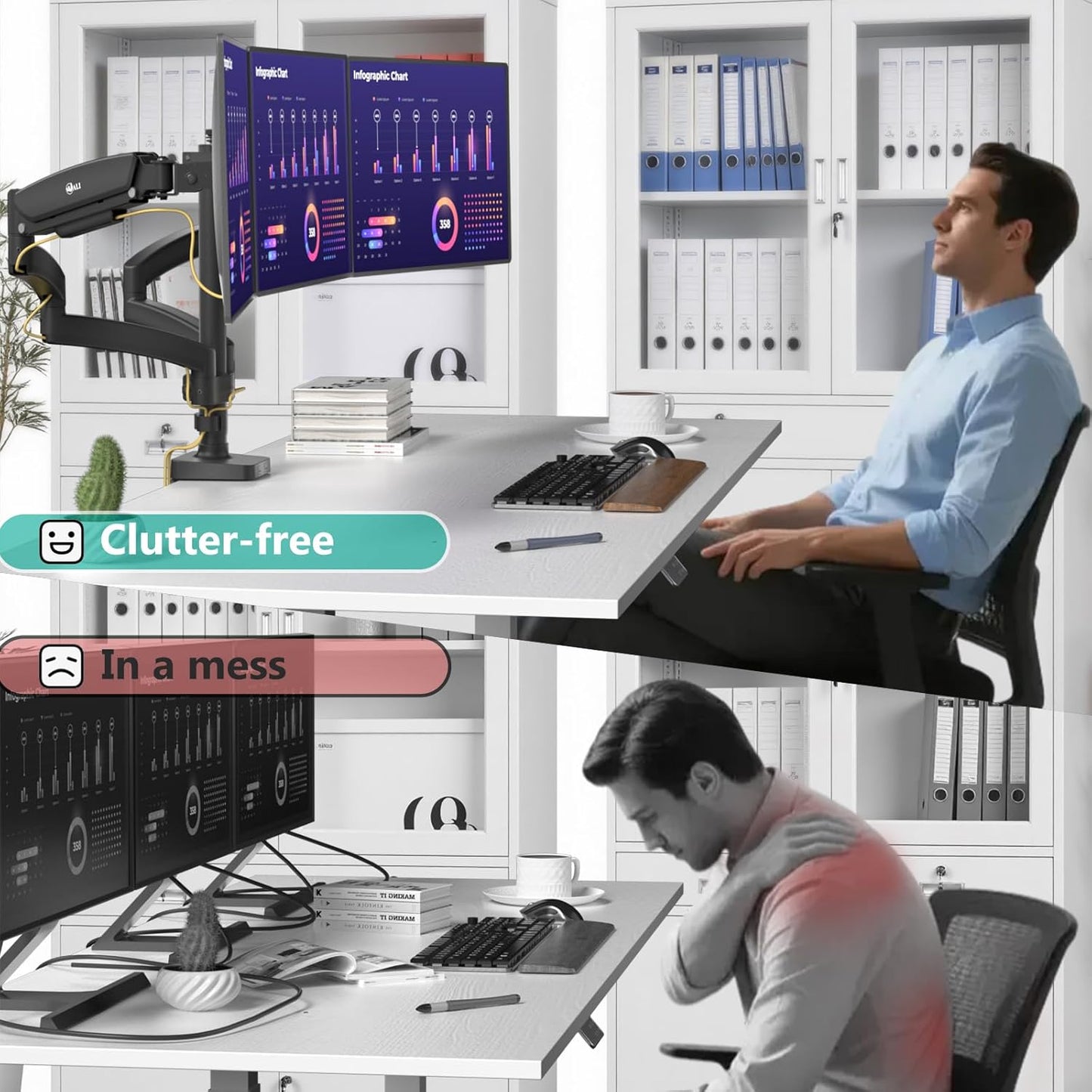 WALI Triple Monitor Mount, 3 Monitor Desk Mount with Premium Gas Spring Arm for Screens up to 27 inch, Multiple Monitors Stand with Tilt, Swivel, Rotation, Mounting Holes 75/100 mm, Black