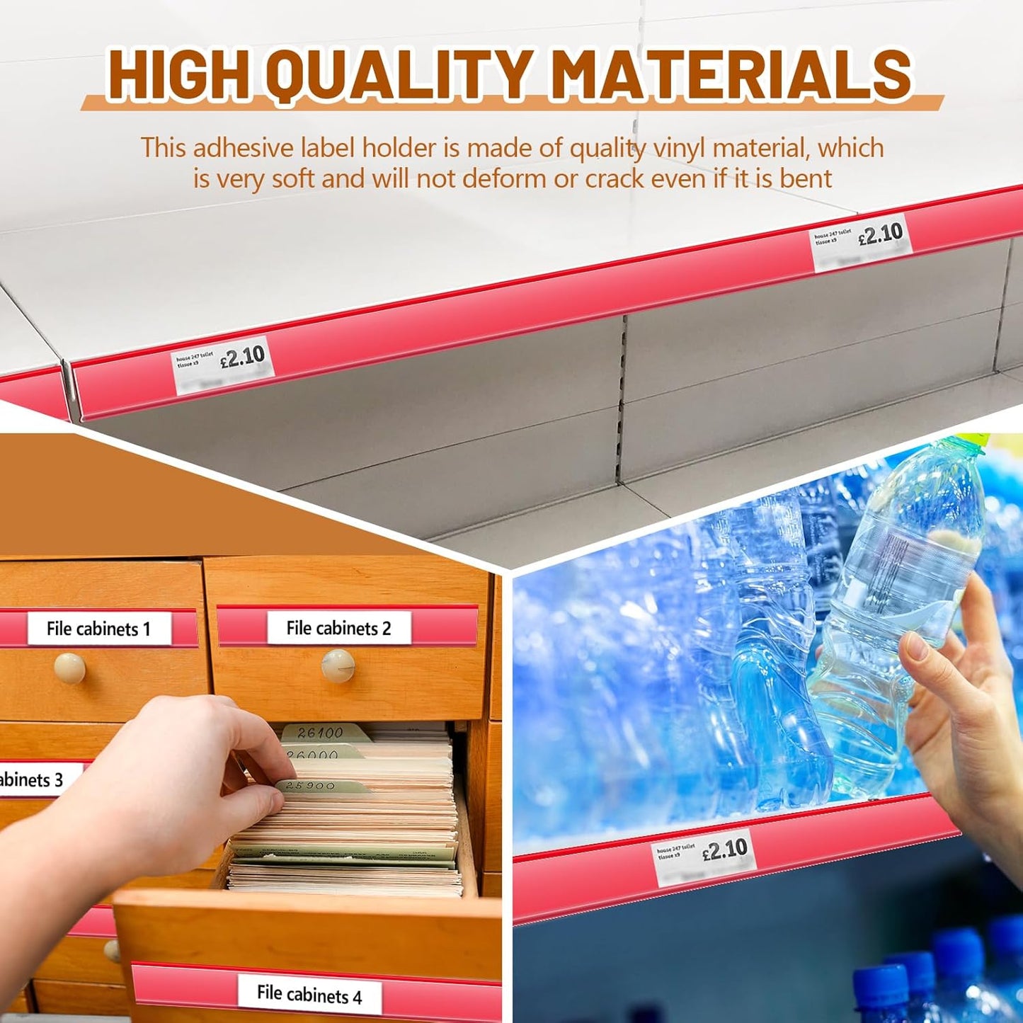 Spiareal 50 Pcs 47.8 x 1.38 Inch Shelf Label Strips Adhesive Back Stick on Data Price Tag Holder Clear PVC Adhesive Ticket Channel for Supermarkets Convenience Shops (Red)