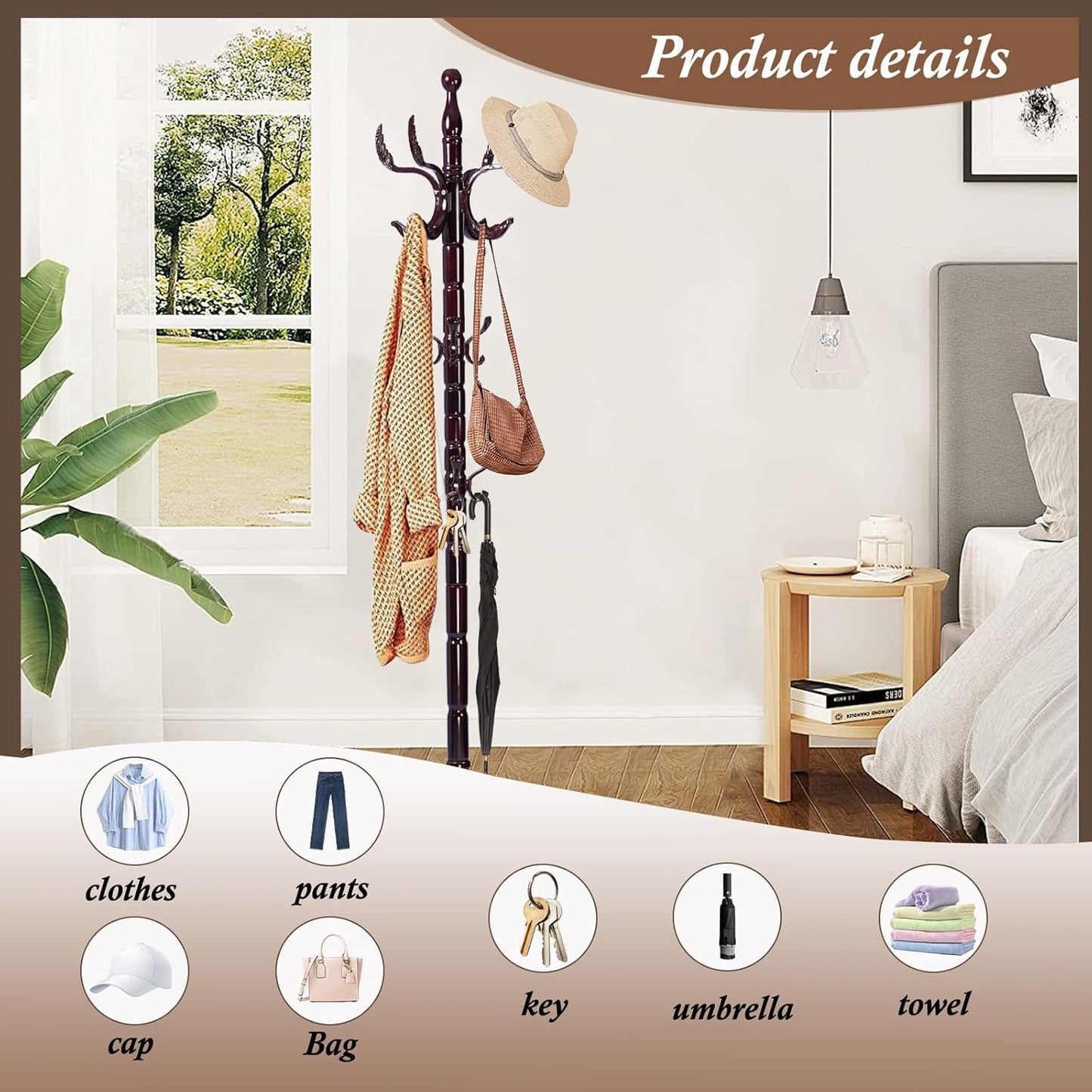 Wooden Coat Rack Freestanding, Vintage Coat Racks with Sturdy Round Base, Adjustable Height 37.40"-72.83" Entrance Coat Rack for Bedroom Living Room Entryway (Solid Wood Fenghuang Gou)