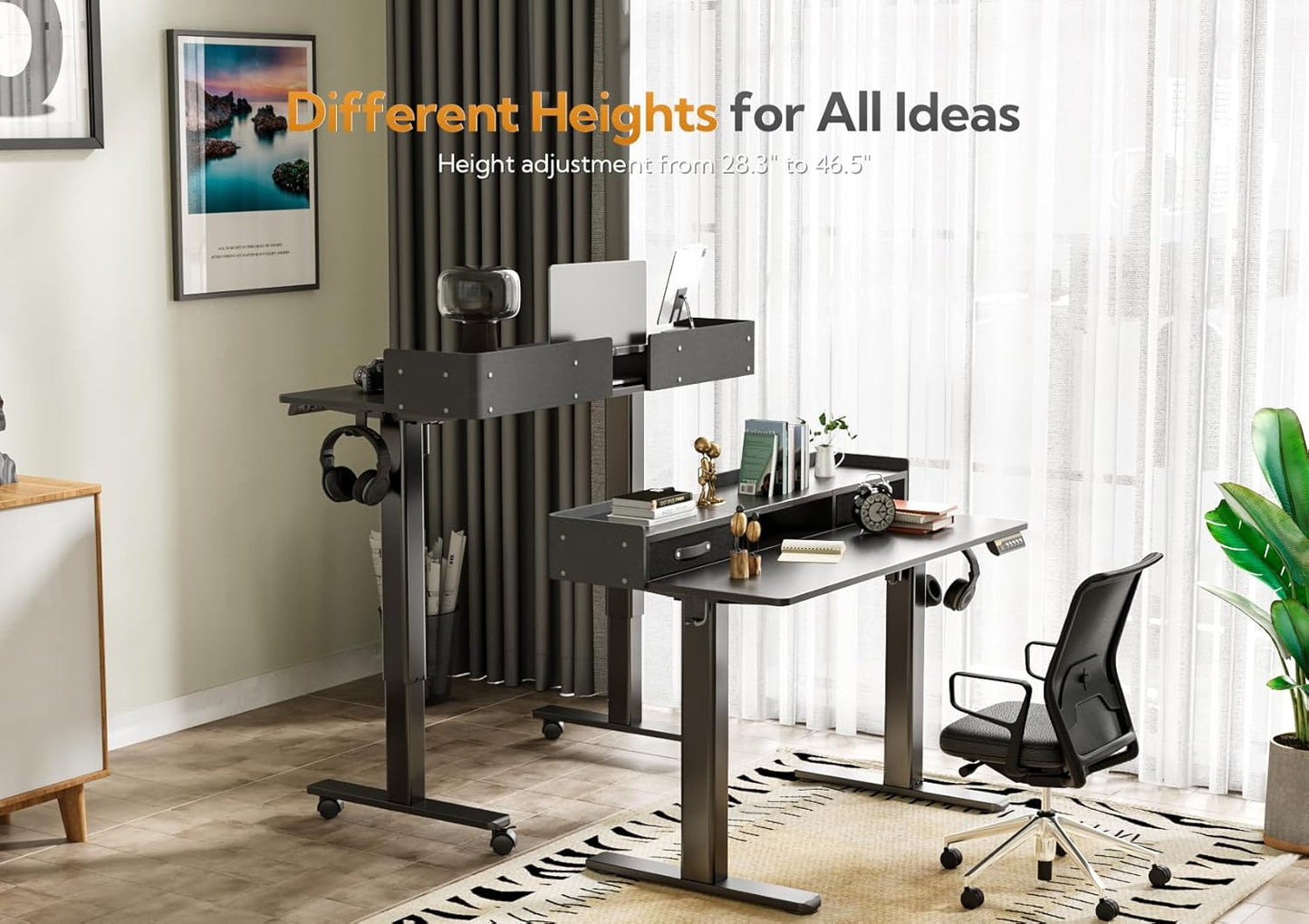 Claiks Standing Desk with Drawers, Stand Up Electric Standing Desk Adjustable Height with Storage Shelf and Splice Board, 55 Inch, Black