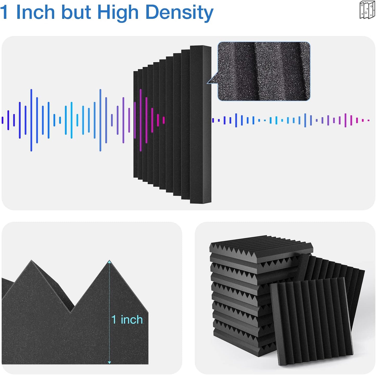 12 Pack Acoustic Panels Self-Adhesive, 1" X 12" X 12" Quick-Recovery Sound Proof Foam Panels, Acoustic Foam Wedges High Density, Soundproof Wall Panels for Home,Studio,Gaming -Black