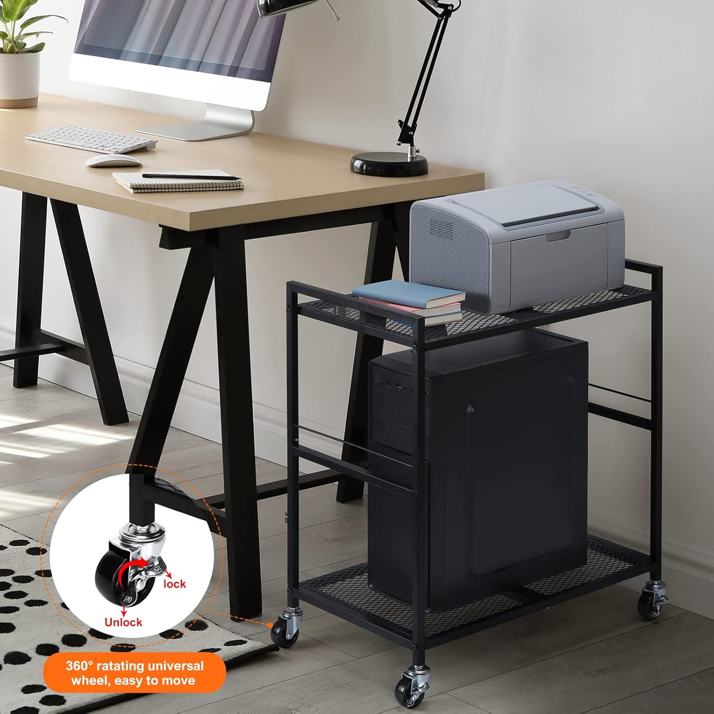 Computer Tower Stand, PC Tower Stand Metal Rolling Cart Holds up to 40lbs, 2 Tier Mobile Printer Stand with Storage Under Desk for Home & Office, Black