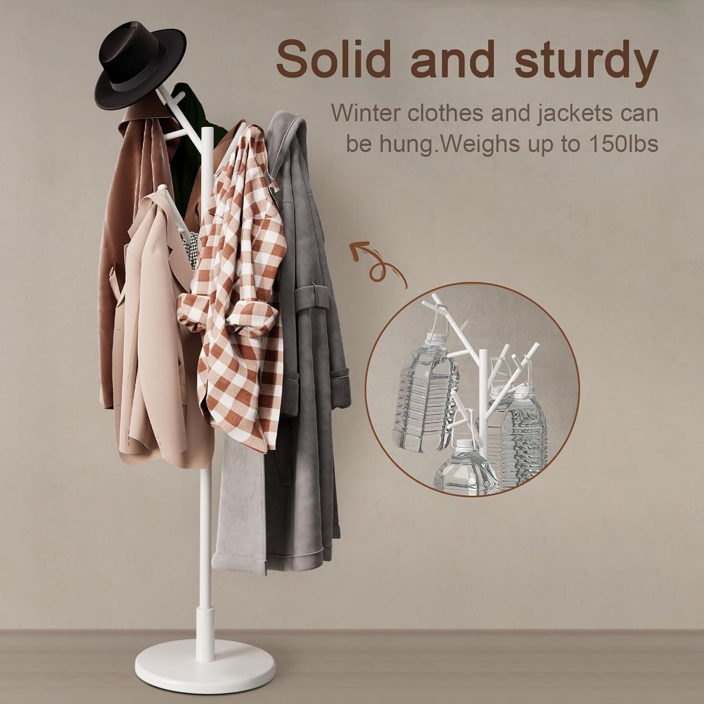 Coat Rack, Solid Wood Coat Rack Freestanding with 12 Hooks, Coat tree freestanding 3 Adjustable Heights for coat, Hats, Handbags,Coat Stand for Entryway,Bedroom (White)