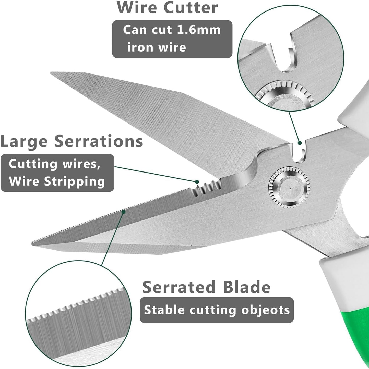 Utility Scissors Heavy Duty: sharp Scissors All Purpose heavy duty, Easy Cutting Carpet, Cardboard, Wires, Leather, Fabric(8'' Green)