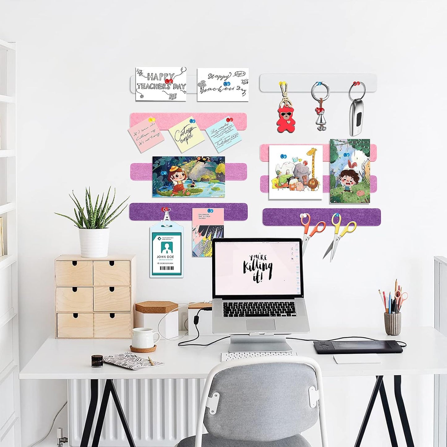 Felt Pin Board Bar Strips Bulletin Board for Bedrooms Offices Home Wall Decoration, Notice Board Self Adhesive Cork Board with 35 Push Pins for Paste Notes, Photos, Schedules (Multi- Purple)