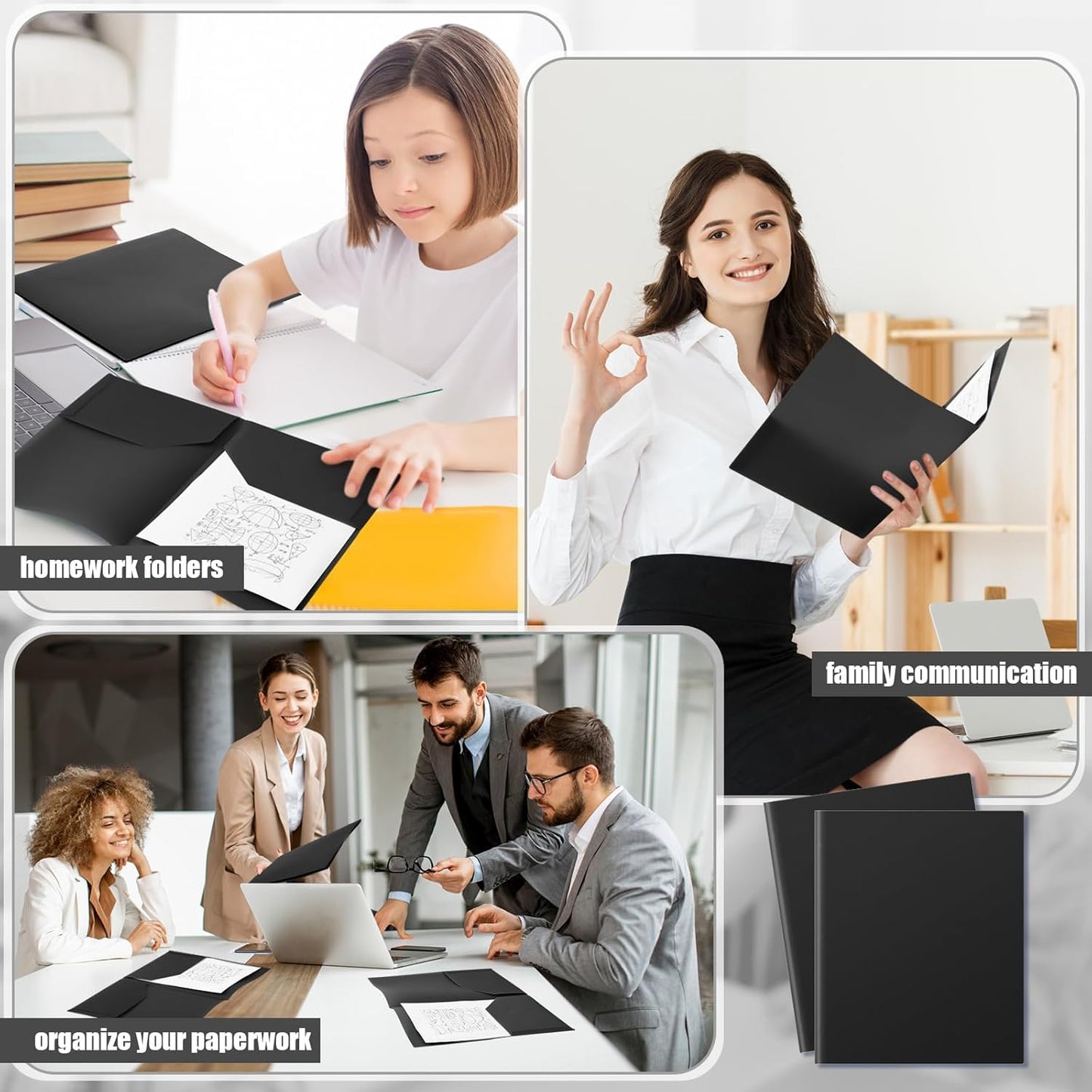 Gueevin 150 Pcs Plastic Folders with Pockets, Two Pocket Folder Fit 8.5 x 11 Inch Letter Size Paper, Heavy Duty School Folders Business Card Holder for Home Office School Bussiness (Black)