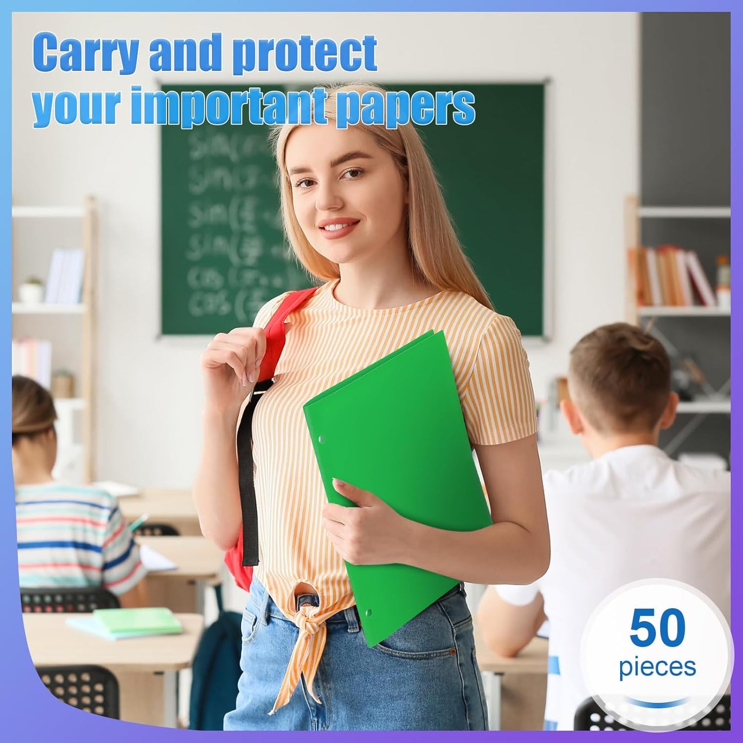 Yeaqee 50 Pcs Plastic Folders with Pockets Bulk 3 Hole Punched 2 Pocket File Folders for 3 Ring Binder Divider Folder for Notebooks, Durable Poly for Office Home (Multicolor)