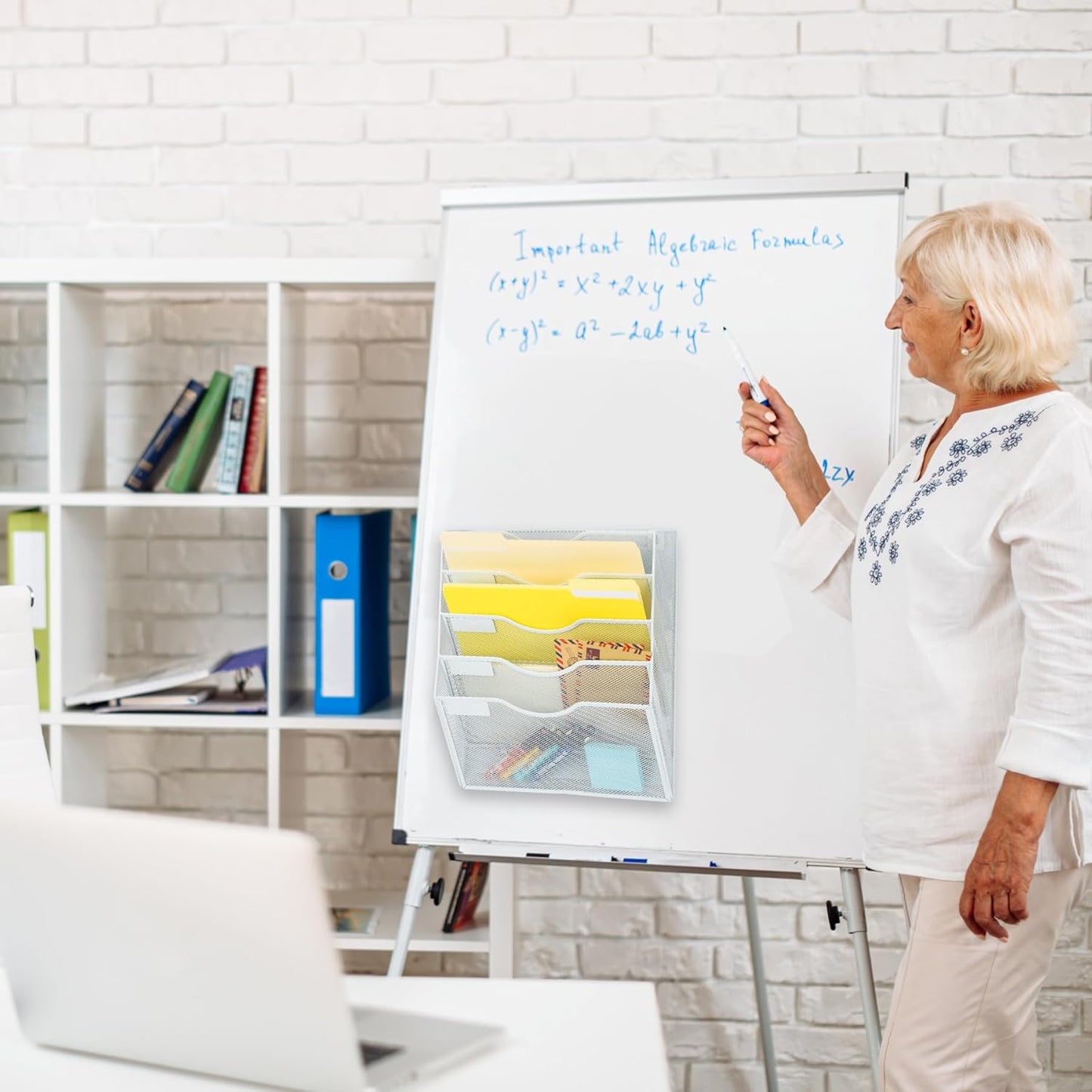 EASEPRES Magnetic 5 Pocket Mesh Hanging File Organizer, Wall Mounted Mail Paper Document Folder Holder, Clipboard Storage Organization Magazine Rack with Nametag Label for Office Home School, White