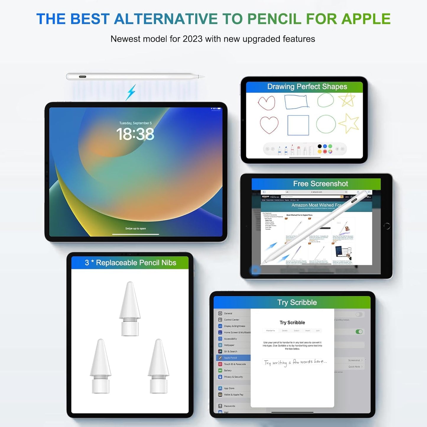 Pencil 2nd Generation for iPad: Magnetic Wireless Charging (Air 4/5, Mini 6, Pro 11/12.9) + USB-C Fast Charge - Tilt & Palm Rejection Stylus for iPad 6-11, Pro 11/12.9 M4,Air 3-5/M2/M3,Mini 5/6