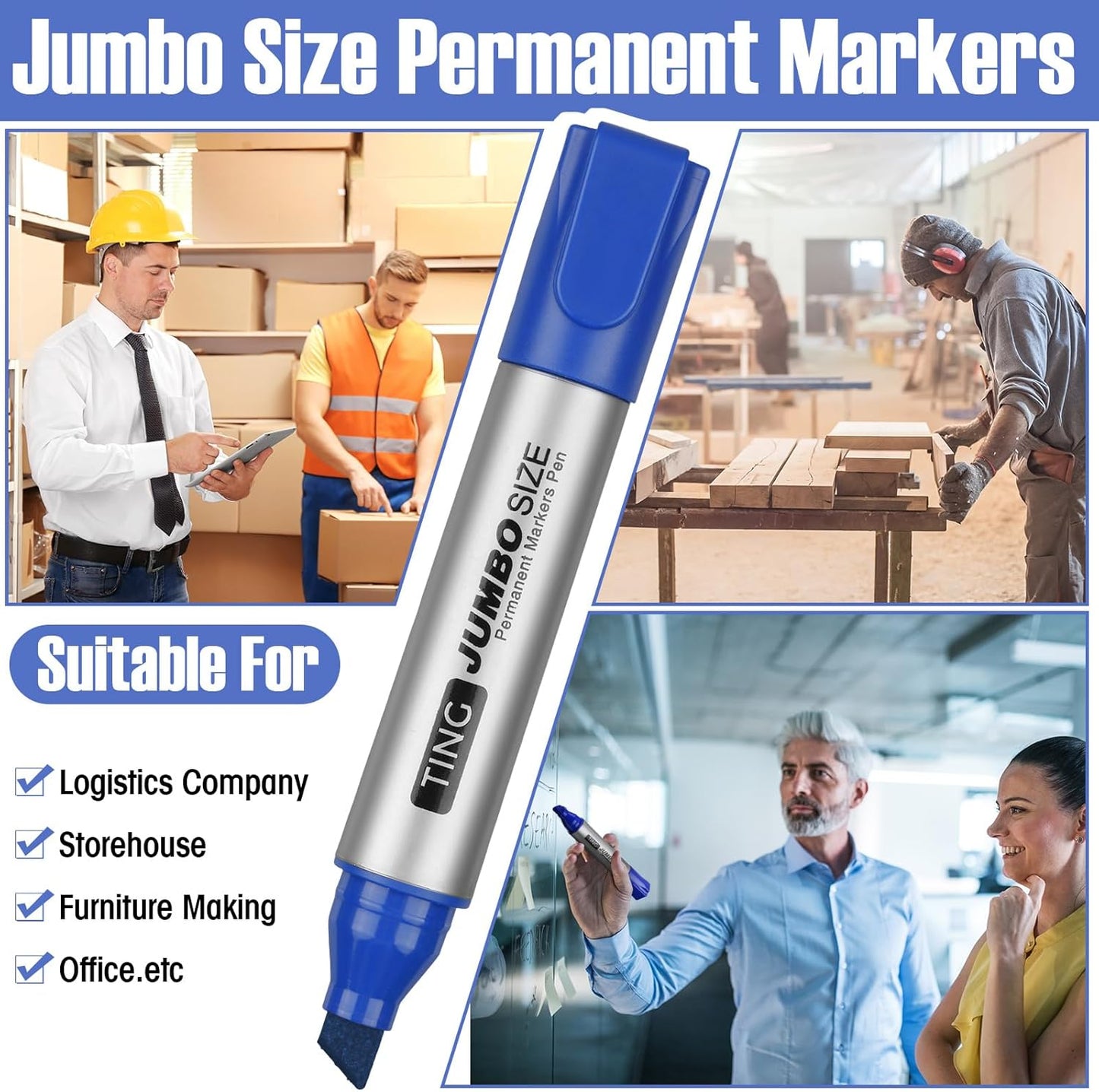 Fuutreo 32 Pcs Jumbo Permanent Markers Bulk Large Chisel Tip Permanent Markers Waterproof Jumbo Pens Quick Drying Office Teacher Supplies(Blue)