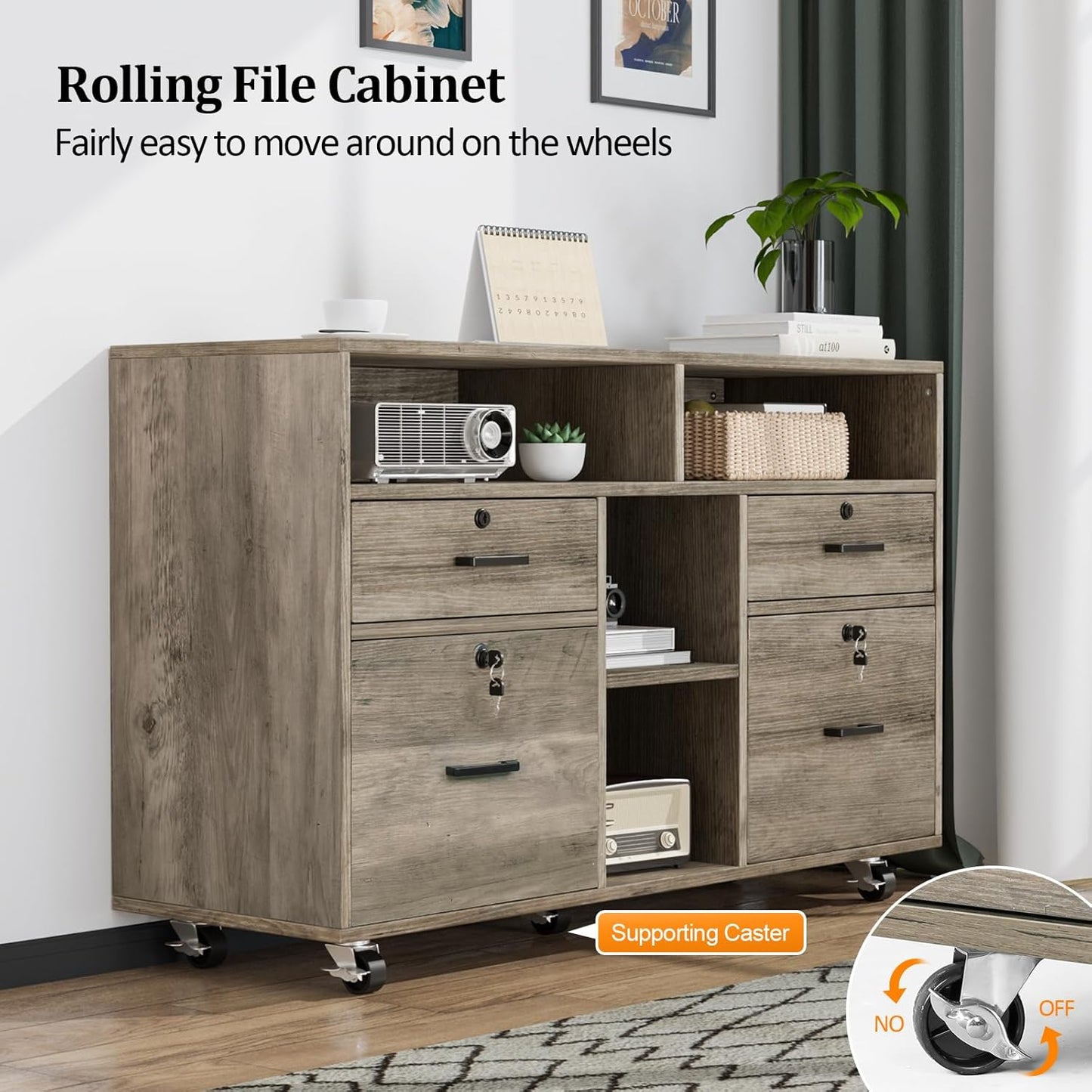 VINGLI Wide 4 Drawer File Cabinet with Lock, Rustic Grey Rolling File Cabinet with Open Shelves, Lockable Printer Stand, Letter Sized