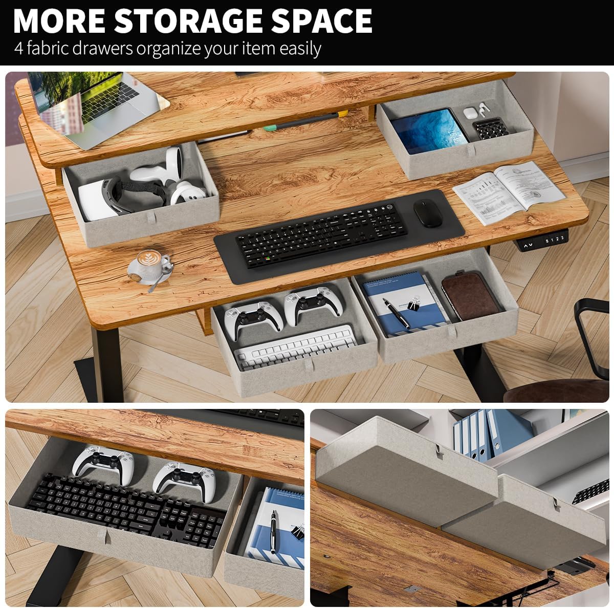 Standing Desk with Fast Charging USB Ports, 48" x 30" Height Adjustable Home Office & Gaming Desk, Sit Stand Desk with Built-in Storage Shelf, Hook & Ergonomic Design(Light Rustic)