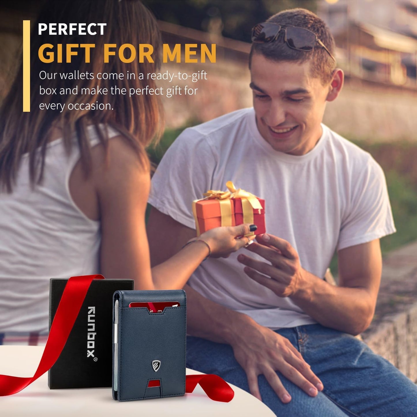 RUNBOX Mens Slim Wallet with Money Clip RFID Blocking Bifold Credit Card Holder for Men with Gift Box