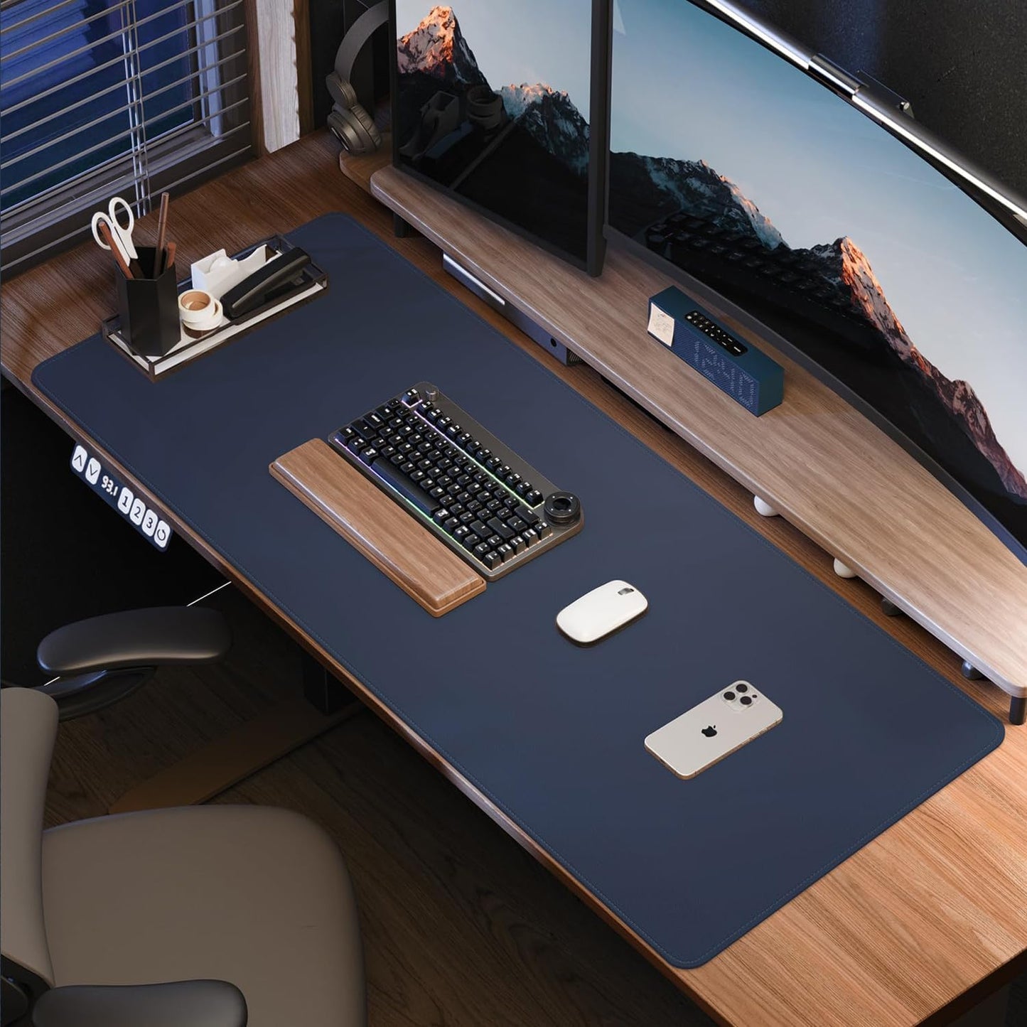Large Desk Mouse Pad Protector, Stitched Locking Edge Non-Slip PU Leather Desk Mat Laptop Table Pad Blotter, Waterproof Durable Writing Pad for Office and Home (Dark Blue, 120 x 43cm)