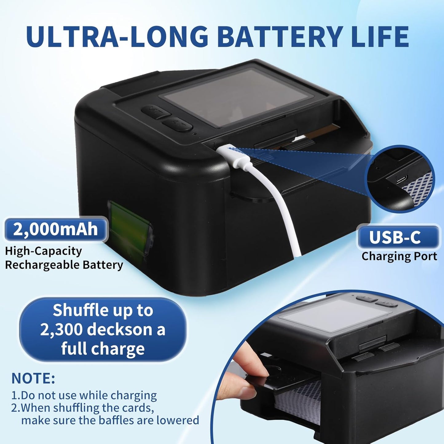Rechargeable Automatic Card Shuffler for 2 Decks, 2000 mAh Built in Battery USB-C Charge, Low Noise Fast Shuffle, Smart Auto Shuffler for UNO Poker Blackjack Skip-Bo Texas Hold'em Canasta Skyjo(Black)