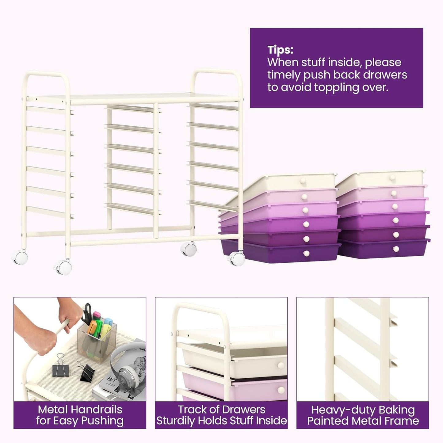 Giantex 12 Drawers Rolling Cart, Mobile Storage Drawer Cart, Classroom Organizer Cart for Office School Supplies Tools Scrapbook Paper Craft Small Printer, Utility Cart on Wheels, Purple Gradient