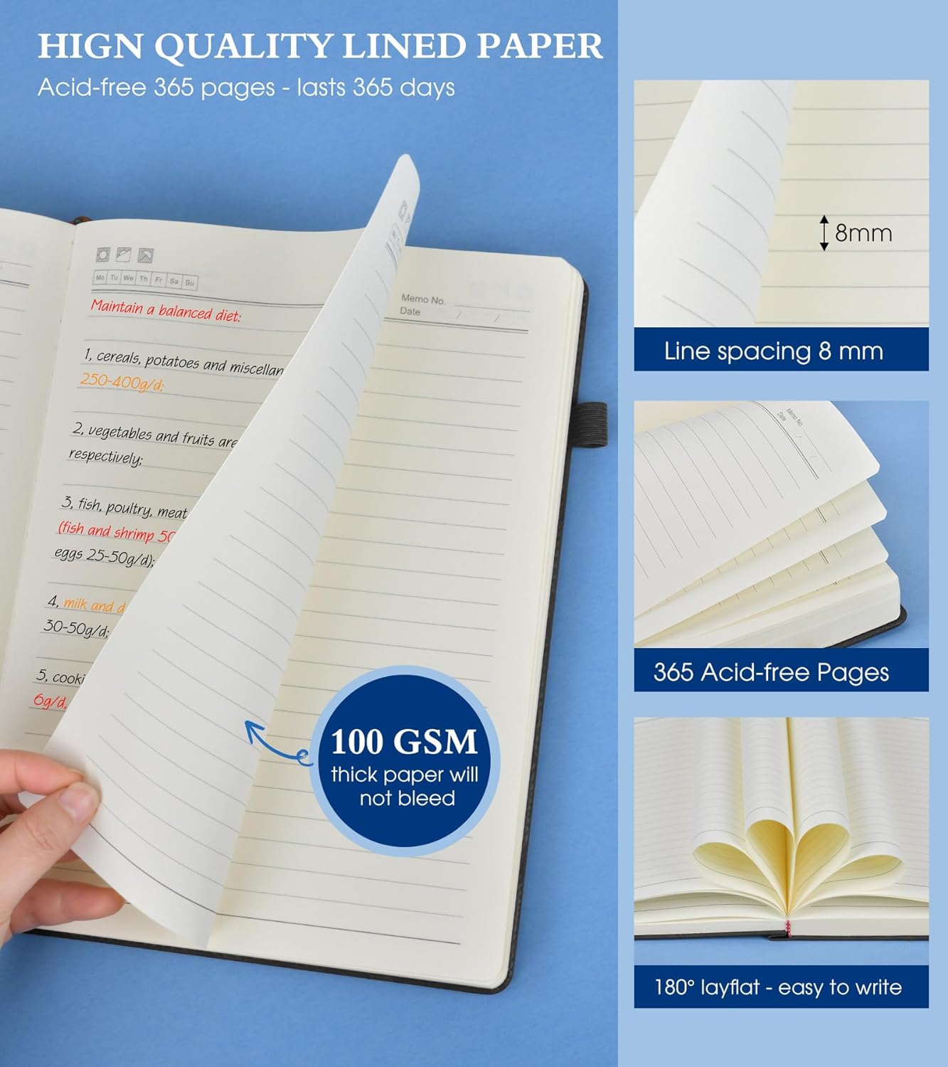 A4 Lined Journal Notebook,365 Page Large Leather Journals for Writing Women Men,Hardcover Notebook with 100Gsm Thick Pages for Travel,Work,School,College Ruled, Daily Diary (8.5" x 11.4")