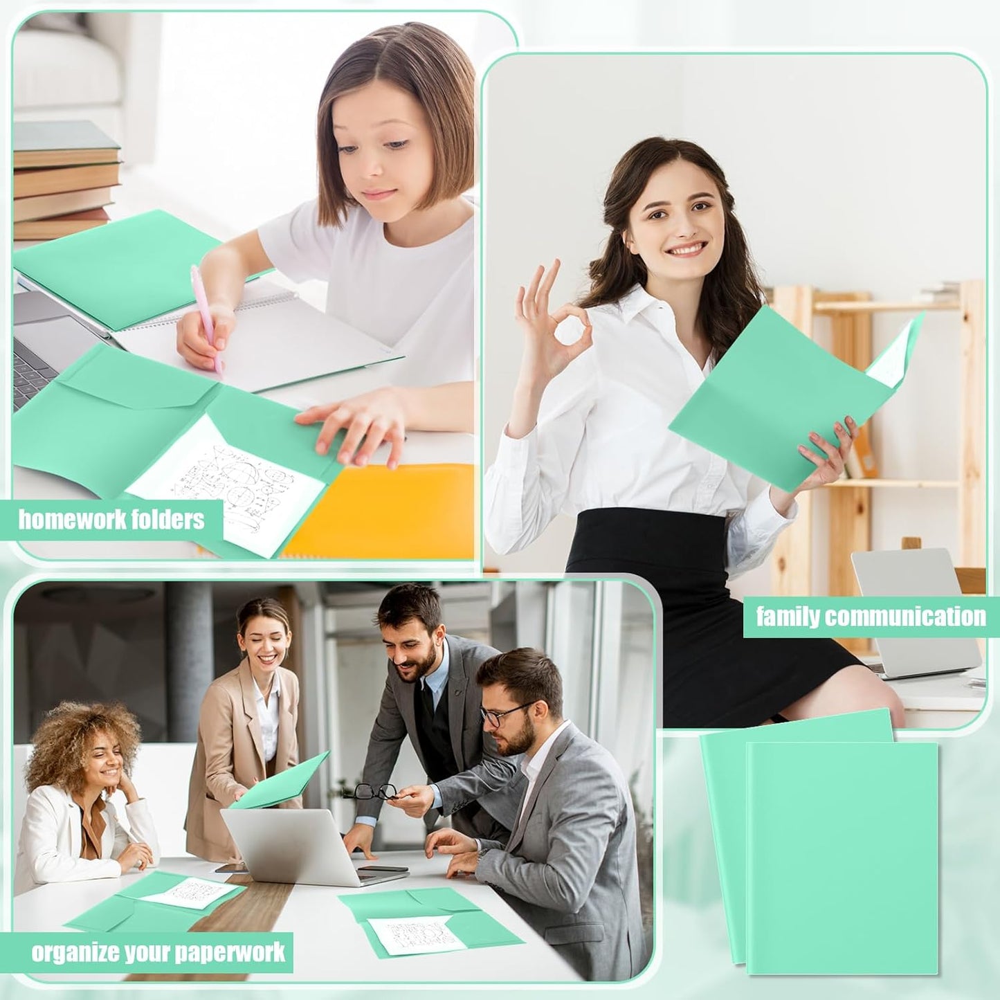 Gueevin 50 Pcs Plastic Folders with Pockets, Back to School Two Pocket Folder Fit Letter Size, Heavy Duty School Business Card Holder for Home Office, 11. 61 x 9. 45 Inches (Light Green)