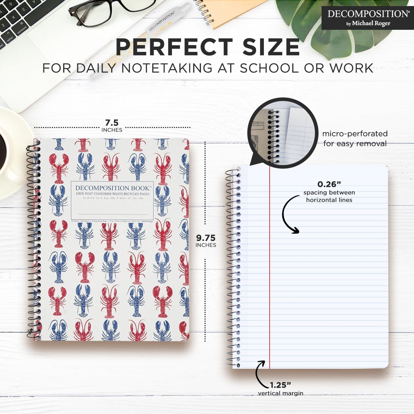 Decomposition Lobsters College Ruled Spiral Notebooks – 9.75 x 7.5 Journal with 160 Lined Pages – Notebooks for School Supplies, Home & Office – 100% Recycled Paper – Made in USA