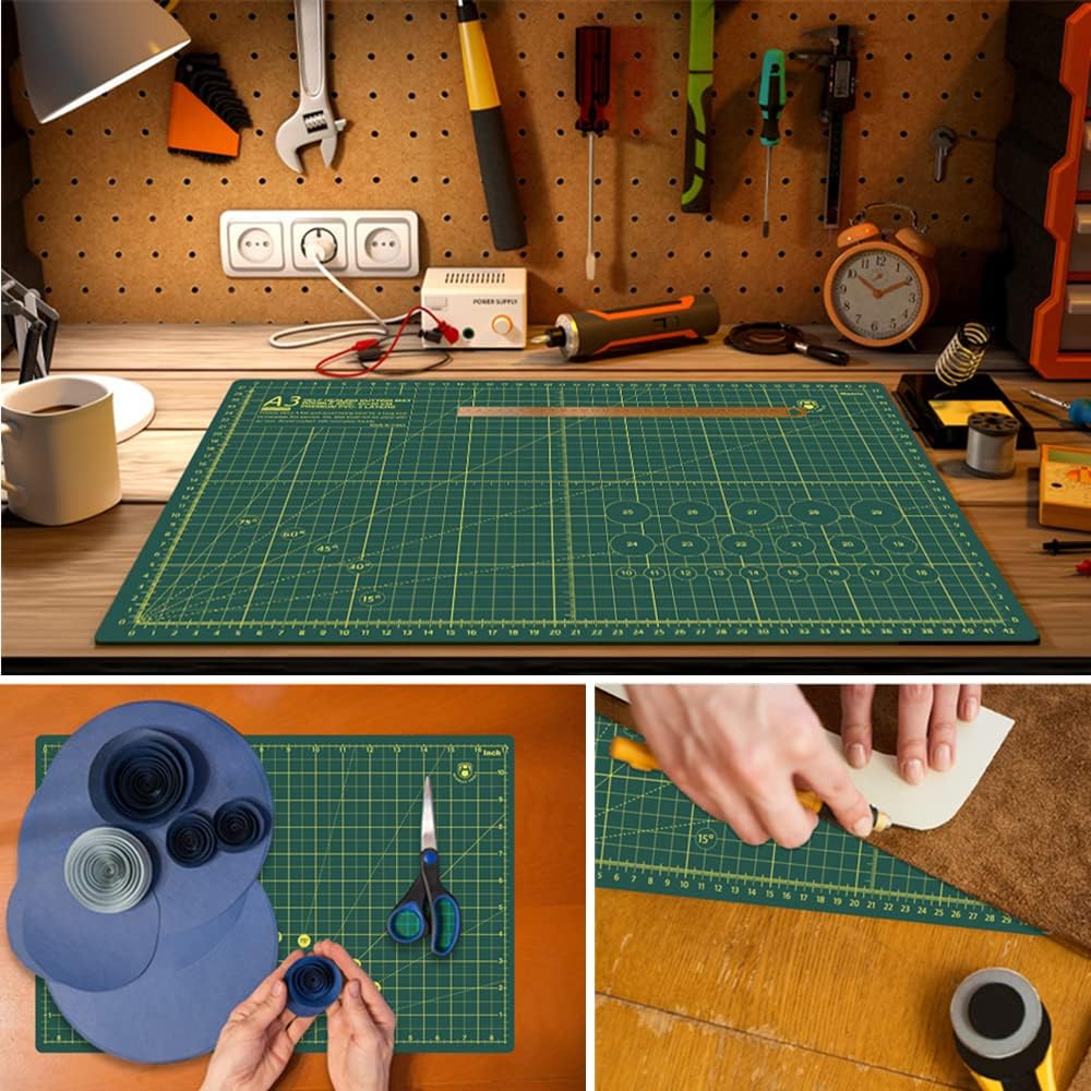 Headley Tools 18"x12" Thickened Self Healing Cutting Mat, A3 Rotary Cutting Sewing Mat for Crafts, Double Sided 5-Ply Table Cutting Board for Fabric Quilting Leather Arts Hobby Project, Green