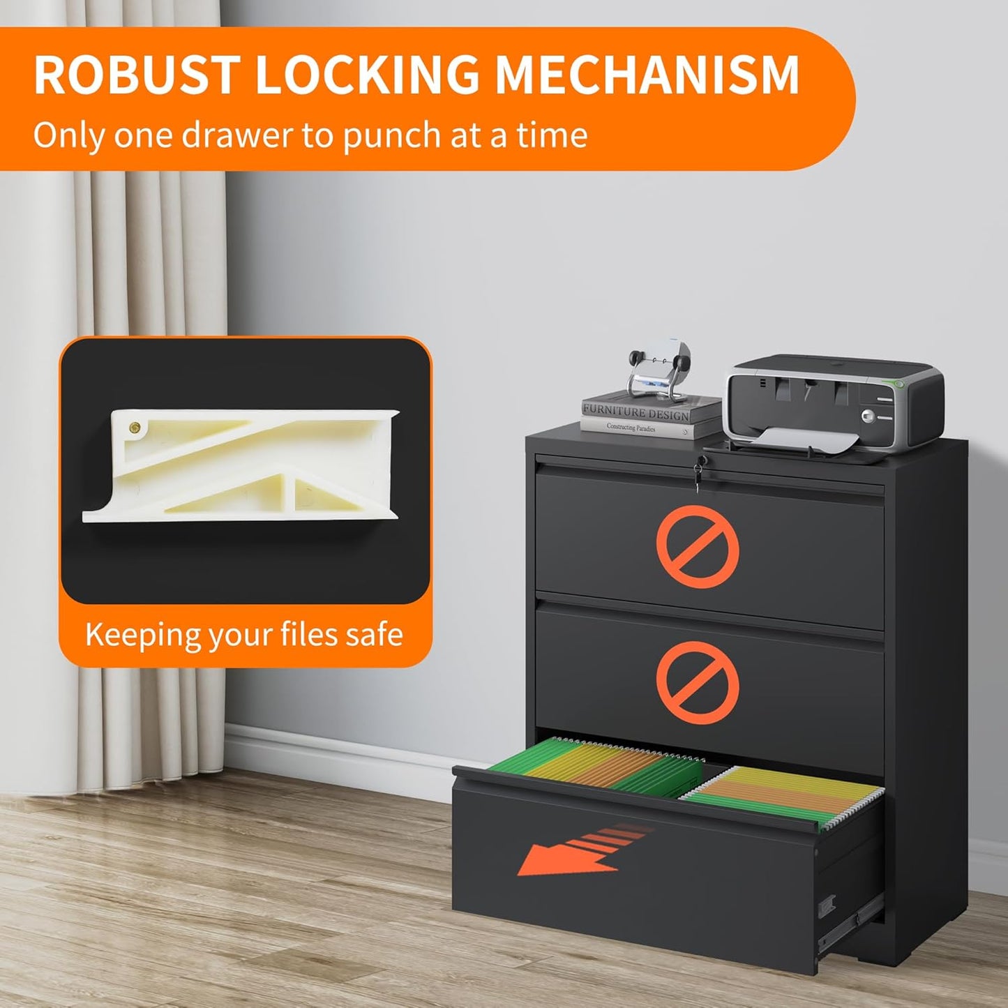 Locking Filing Cabinet with 3 Drawer Heavy Duty Large Metal Cabinet Home Office Black Lateral File Cabinets Wide Steel Cabinets for Legal/Letter Size File,Assembly Required