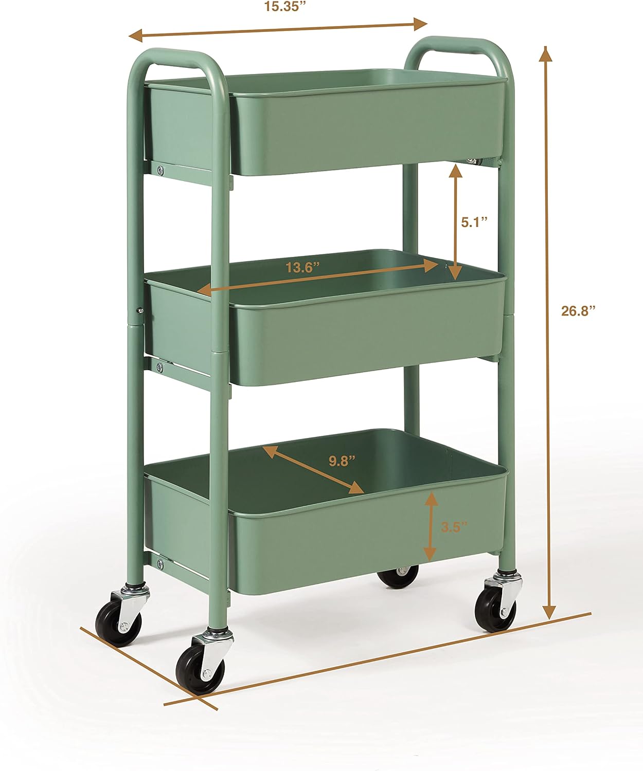 SunnyPoint 3-Tier Delicate Compact Rolling Metal Storage Organizer - Mobile Utility Cart Kitchen/Under Desk Cart with Caster Wheels - Turq (15.35" X 10.24" X 26.8"H)