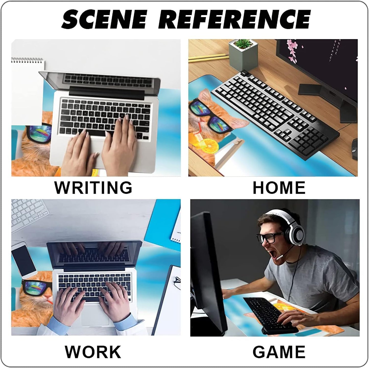 Extended Large Gaming Mouse Pad Cute Cat on Beach Chair XXL Size Keyboard Mouse Mat Desk Pad with Non Slip Rubber Base Stitched Edges Office Decor for Women Girls Men,35.4 x 15.7inch