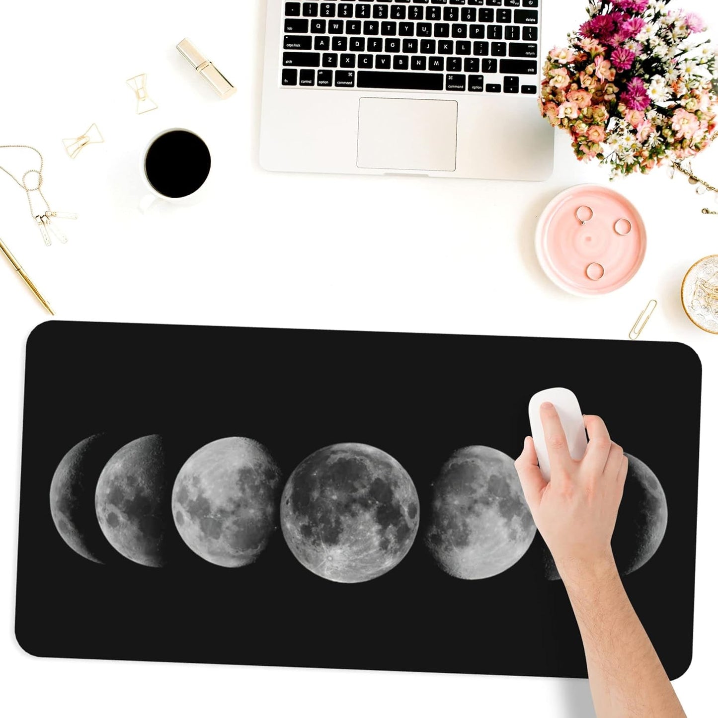 Desk Mat,Celestial Moon Phases Extended Gaming Mouse Pad for Office Work & Game,Computer Keyboard Mouse Mat Desk Non-Slip Rubber Base Large Mousepad with Stitched Edges, 31.5x15.7inch
