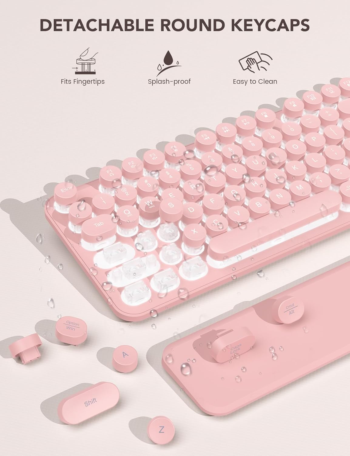 Wireless Keyboard and Mouse Backlit - Typewriter Keyboard with Retro Round Keycaps, Detachable Wrist Rest, Light Up Letters, 2.4G Rechargeable Combo for Mac, Windows, PC, Laptop, Trueque (Pink)