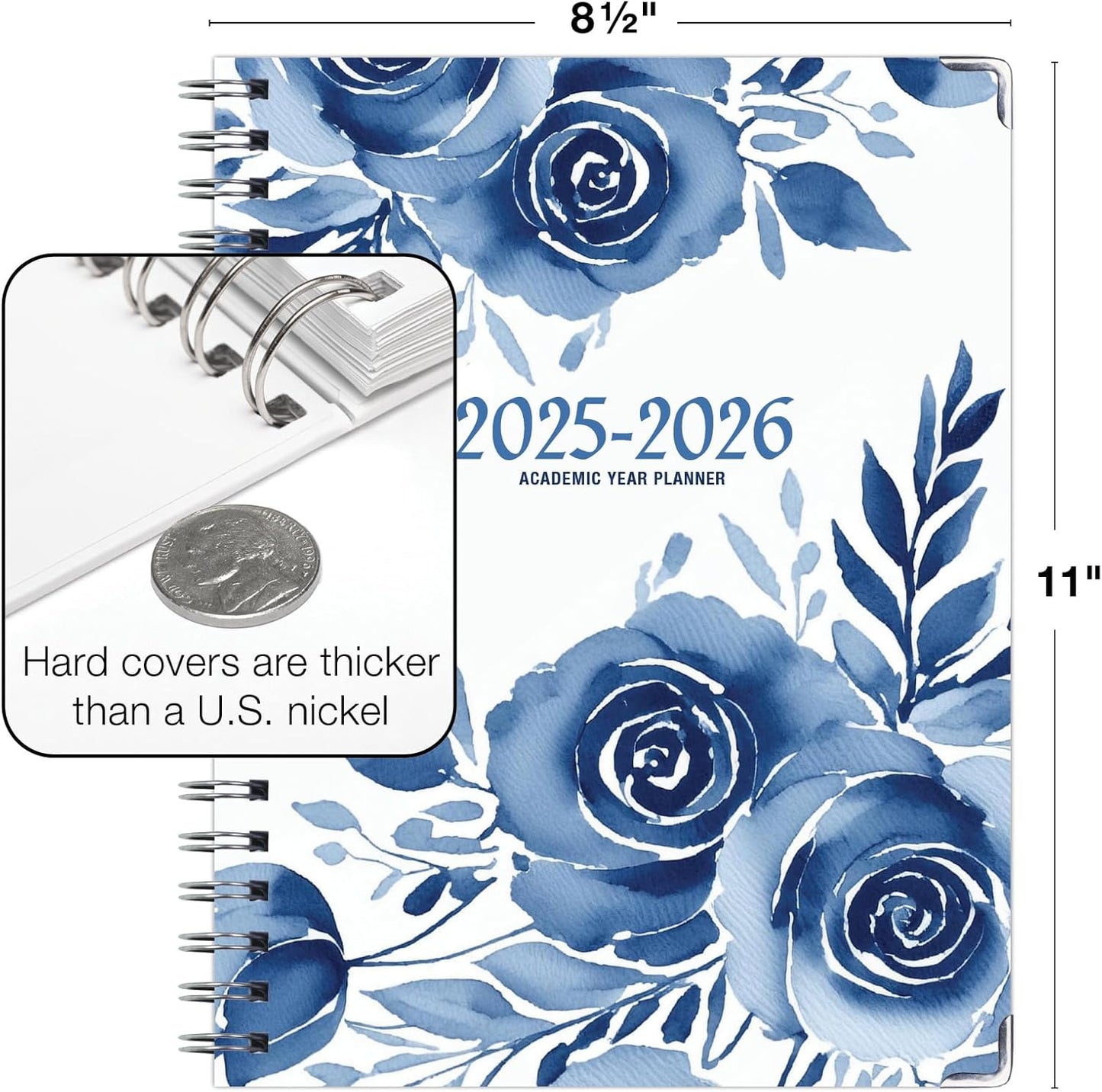 HARDCOVER Academic Year 2025-2026 Planner: (June 2025 Through July 2026) 8.5"x11" Daily Weekly Monthly Planner Yearly Agenda. Bookmark, Pocket Folder and Sticky Note Set (Blue Bloom)