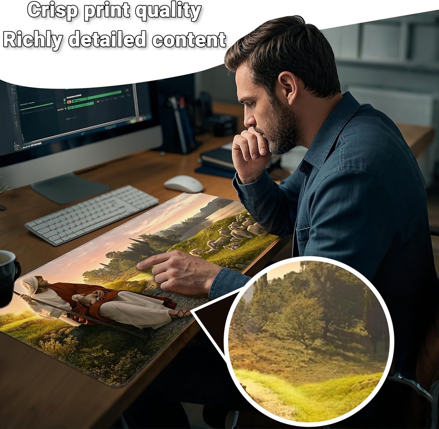 Mouse Pad with Jesus Christ Shepherd – Religious God Desk Pad – Portable Computer Mousepad – Gaming, Office, Waterproof, Non-Slip, Stitched Edges 35.5 x 15.7inches x 3mm