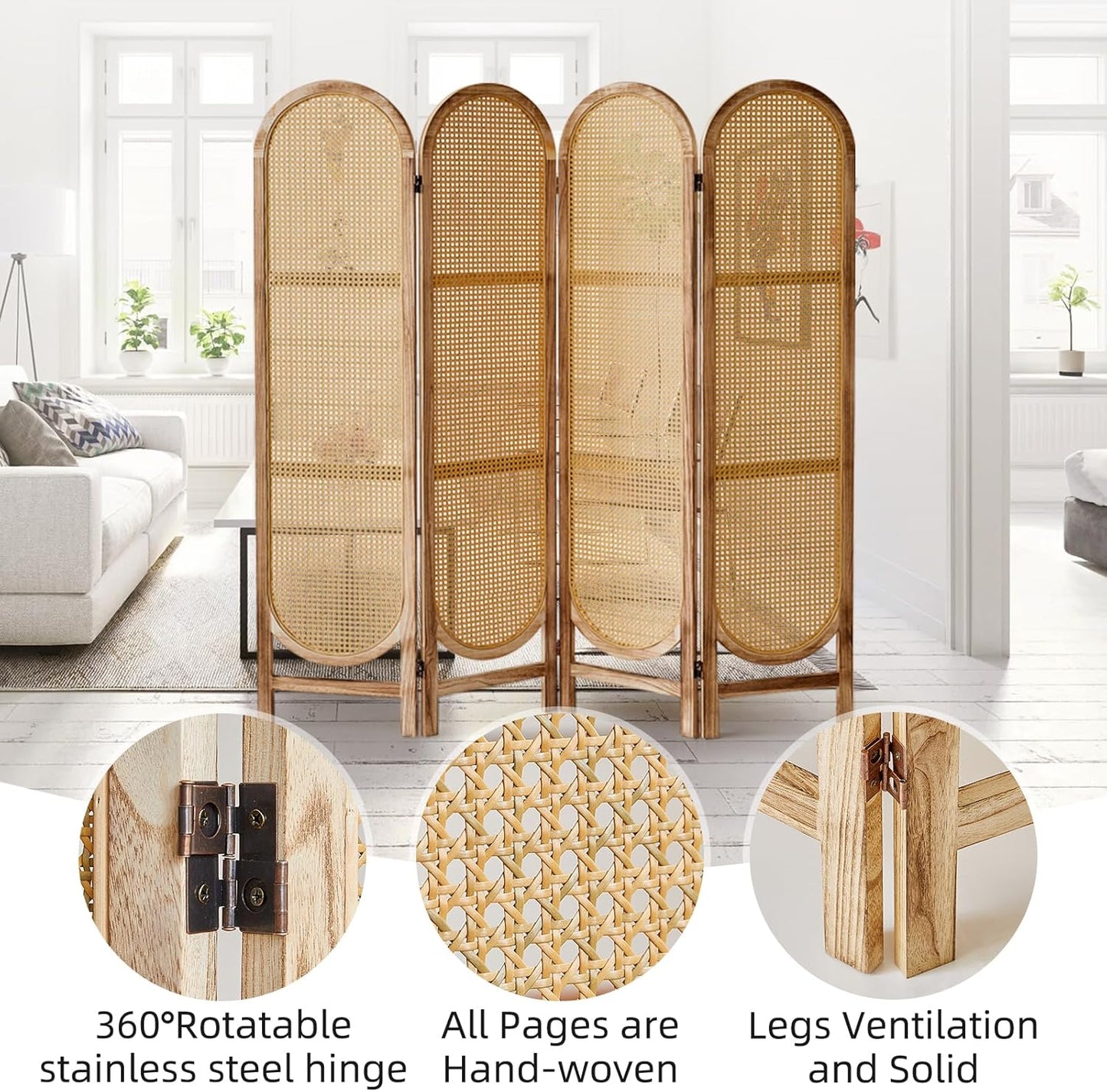 4 Panels Room Dividers and Hand-Woven Rattan Room Divider Wall, Wood Room Divider Folding Privacy Screens for Home Office Bedroom, Light Brown