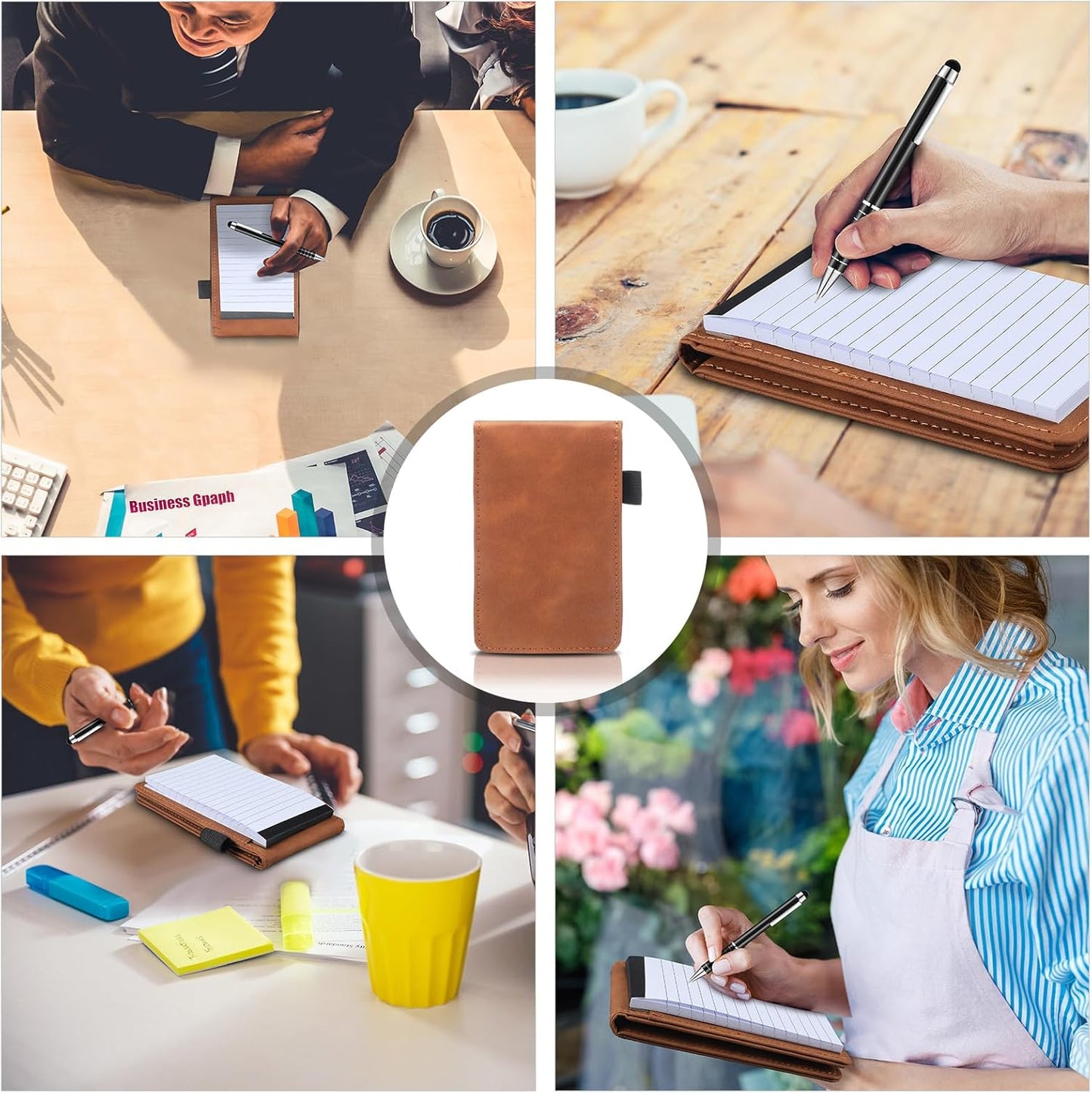 Outus 10 Pcs Mini Pocket Notepad Holder Set Included Mini Pocket Notepad Holder with 50 Lined Sheets, Metal Pen, 8 Pcs 3 x 5 Inch Memo Book Refills, 30 Lined Paper Per Note Pad (Camel,white)