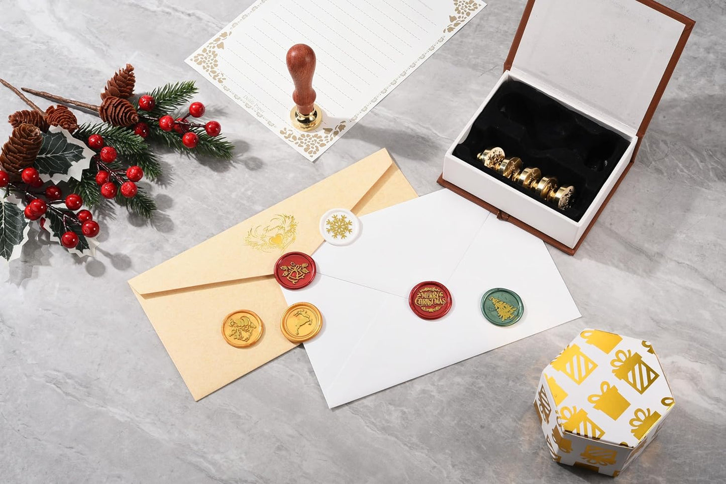 Yoption 6 Pcs Wax Seal Stamp Set, Vintage Christmas Sealing Wax Stamps Kit, Wooden Handle with Brass Head for Christmas Invitation Gift Cards