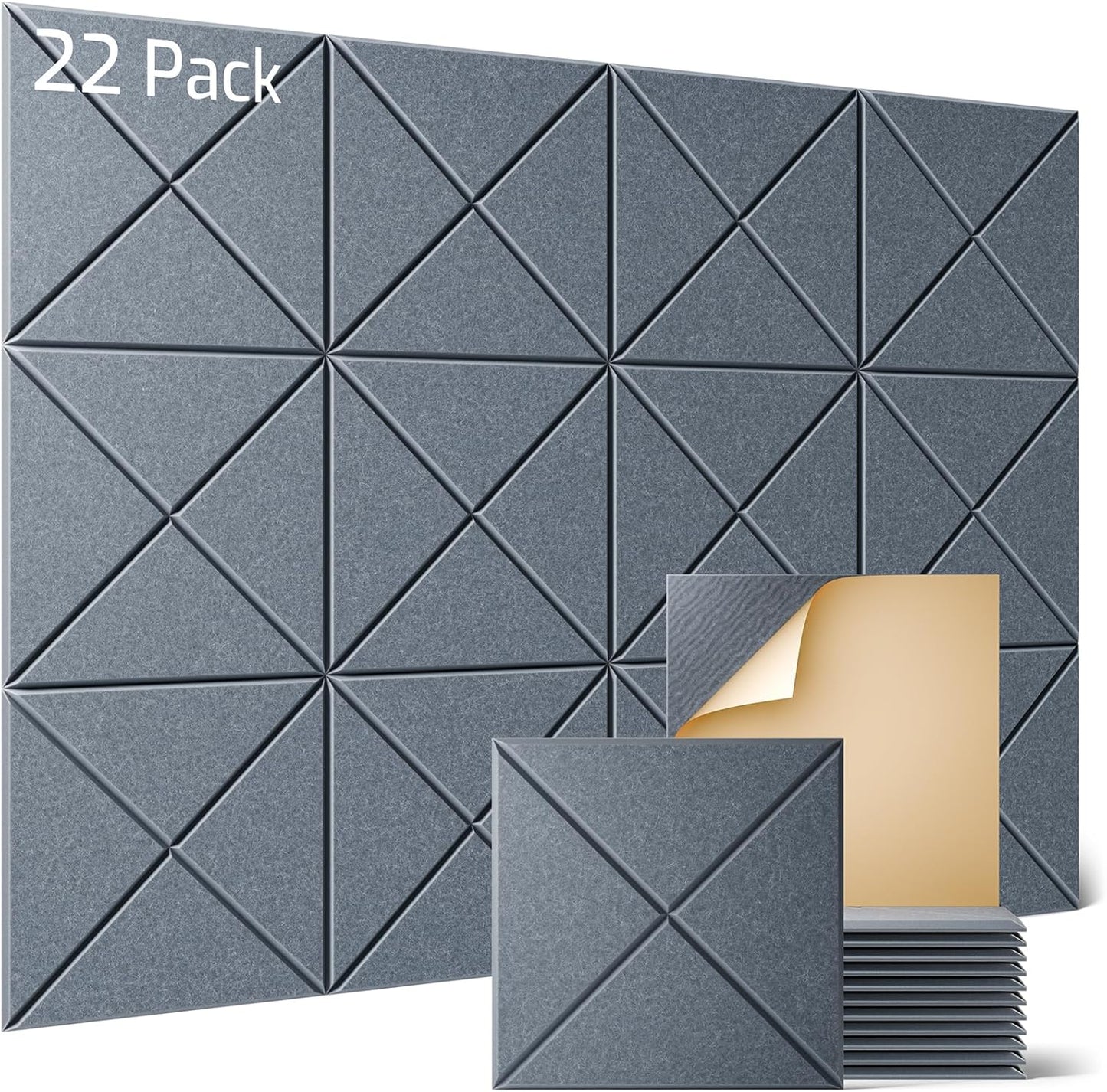 Sonicism 22 Pack X-Lined Acoustic Panels with Self-Adhesive, 12"X 12"X 0.4" Sound Proof Foam Panels, Decorative Soundproof Wall Panels, Sound Absorbing Tile for Home & Offices, Gray