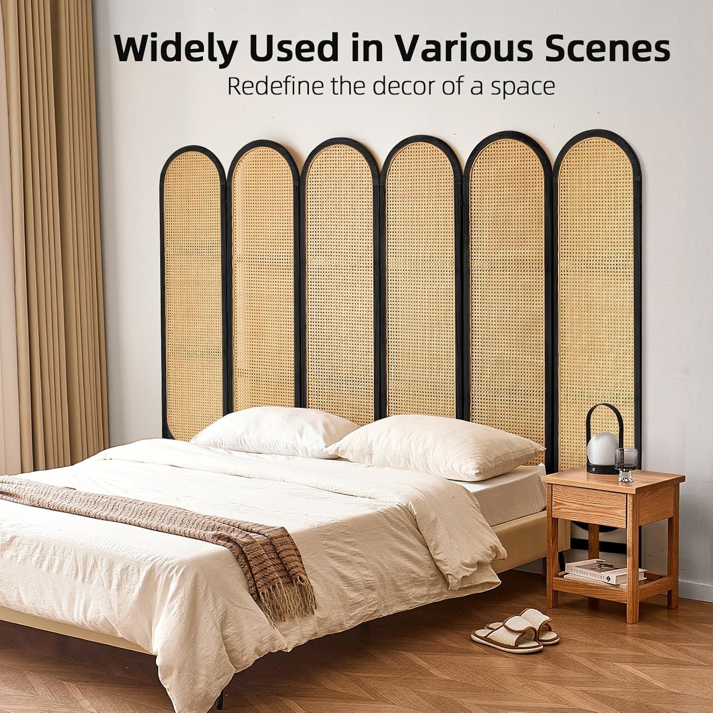 6 Panel Room Divider, Hand-Woven Rattan Room Divider Screen, Folding Privacy Screens with Double Hinges, Wooden Freestanding Wall Divider for Room Separation Bedroom Home Office - Black