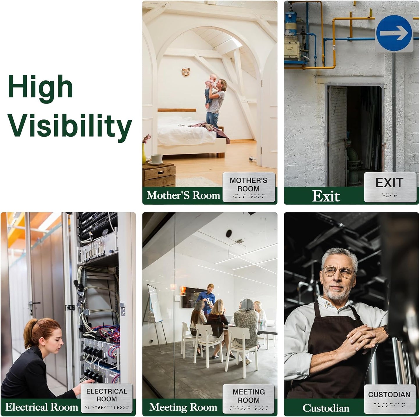 Office Signs for Business and Office, ADA Signs with Raised Text & Grade 2 Braille, Easy Installation with Adhesive Pad – Brushed Aluminum/Silver