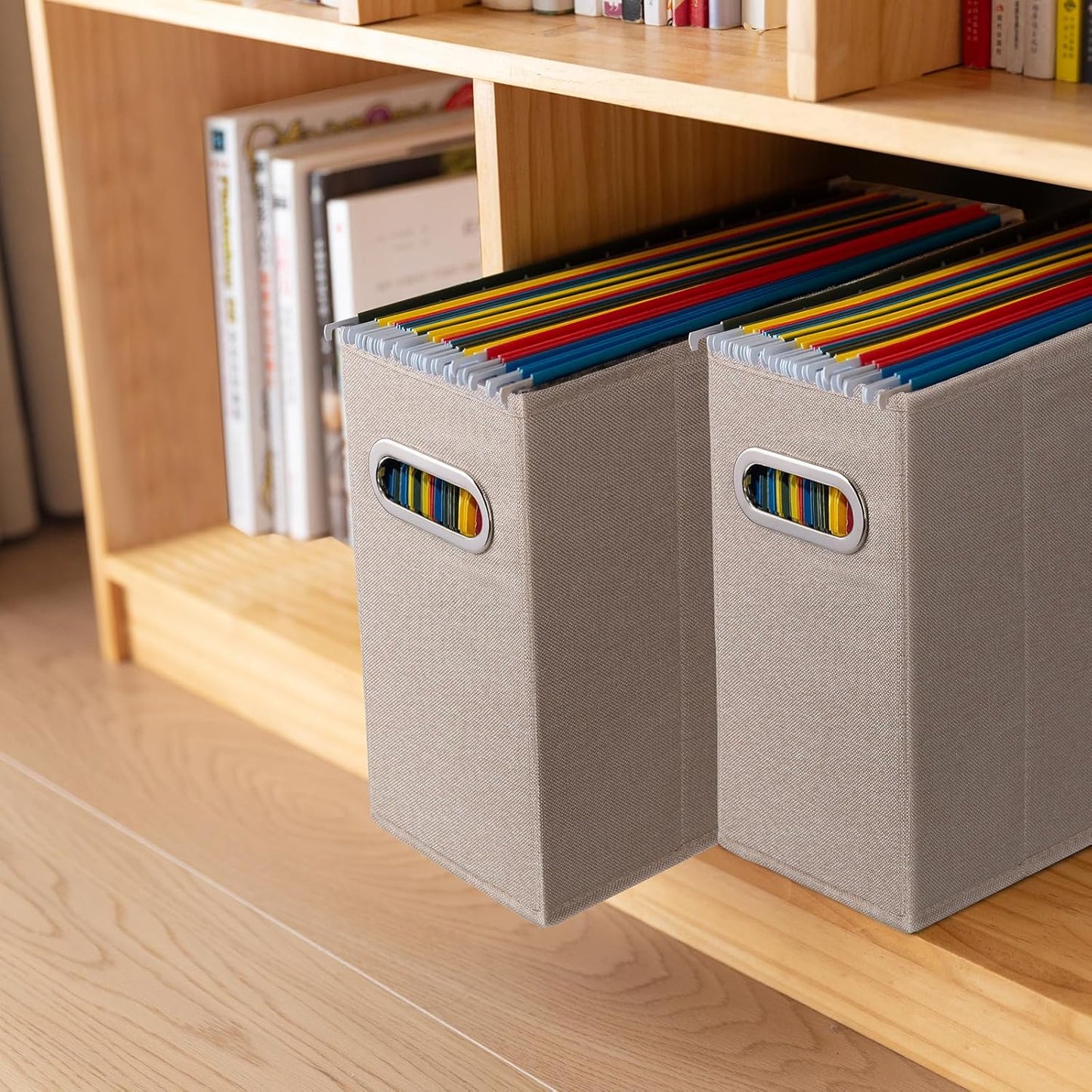 4 Packs Letter Size File Organizer, File Folders Organizer, Fabric Storage Box, Collapsible Paper Organizer with Metal Handle, Smooth PVC Rails, Only Box (Beige)