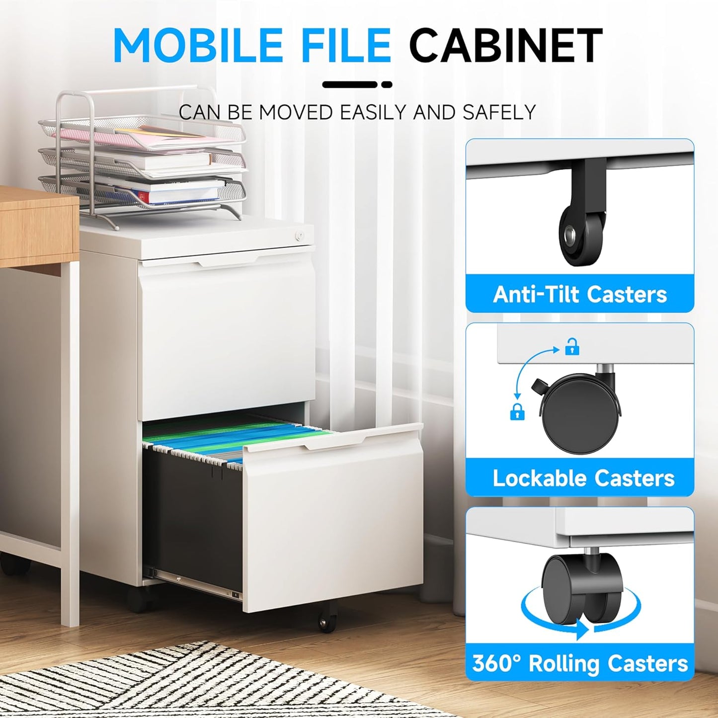 Bestoo 2 Drawer Mobile File Cabinet with Lock, File Cabinet on Wheels for Letter/Legal/A4 File, Metal Rolling File Cabinets for Home Office (White)